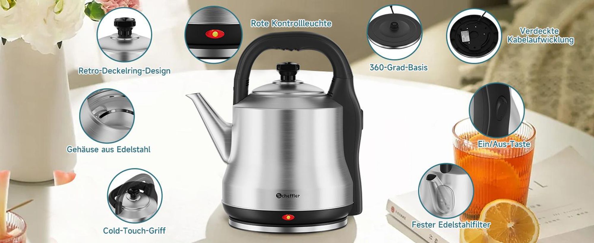 SCHEFFLER Wasserkocher Edelstahl 6Liter Teekocher Elektrischer Trockengehschutz Schnellkochfunktion Perfect-pour-Ausgustülle Fester Filter BPA-frei
