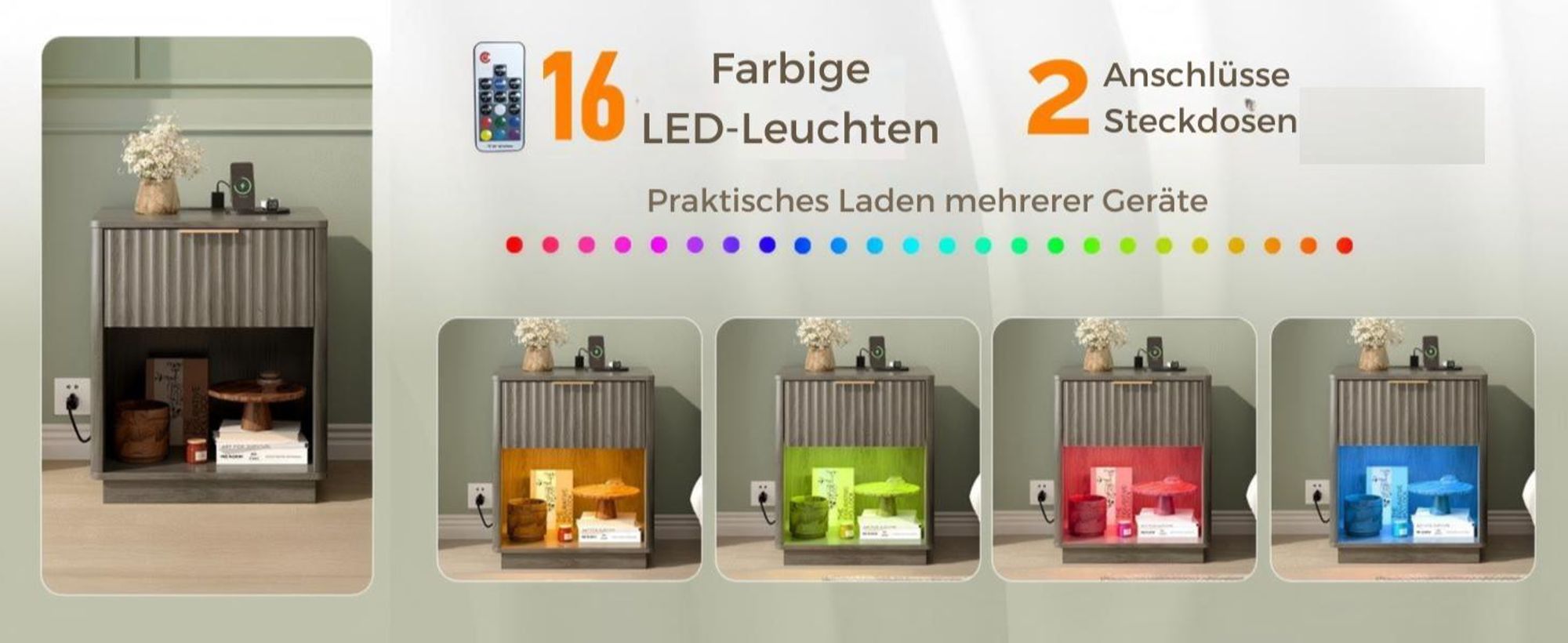FCH Nachttisch mit Ladestation und LED, Beistelltisch mit offenem Fach, Graueiche