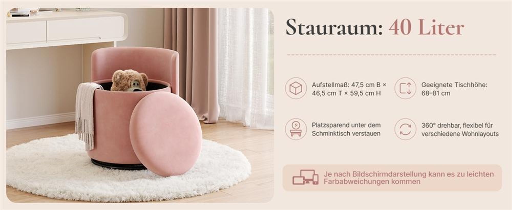 Yaheetech Drehbarer Sitzhocker mit Stauraum 40 L, gepolsterter Schminkhocker, Hocker für Schminktisch, aus Samtbezug, bis 136 kg, Rosa