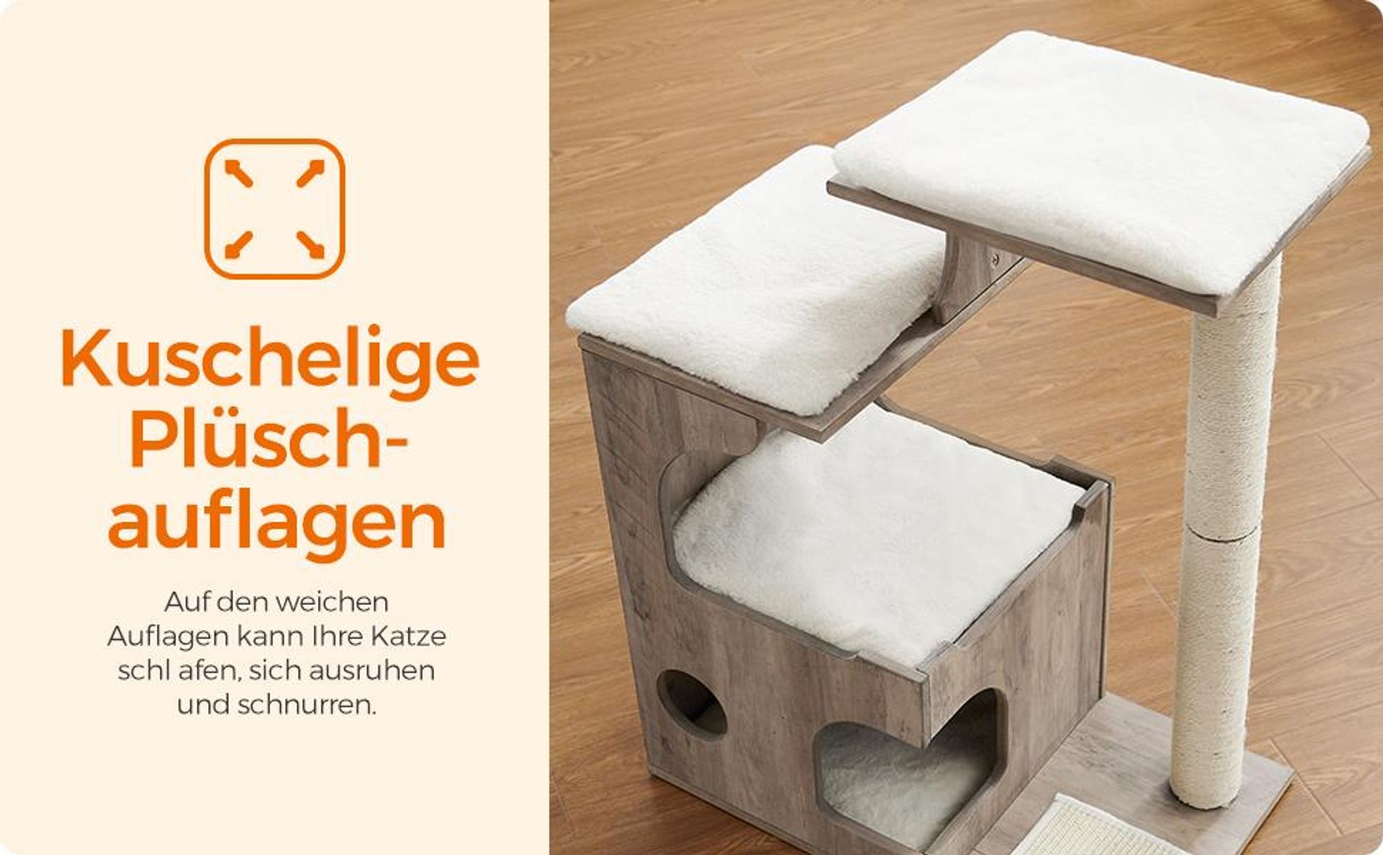 FEANDREA Kratzbaum 3 Liegeflächen und Höhle,waschbare Auflagen Greige