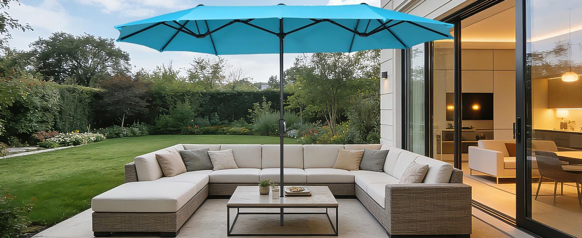 Puluomis Sonnenschirm 400 x 200 x238cm UPF 50+ mit Kurbel ohne Ständer Balkonschirm Strandschirm Marktschirm Gartenschirm Blau