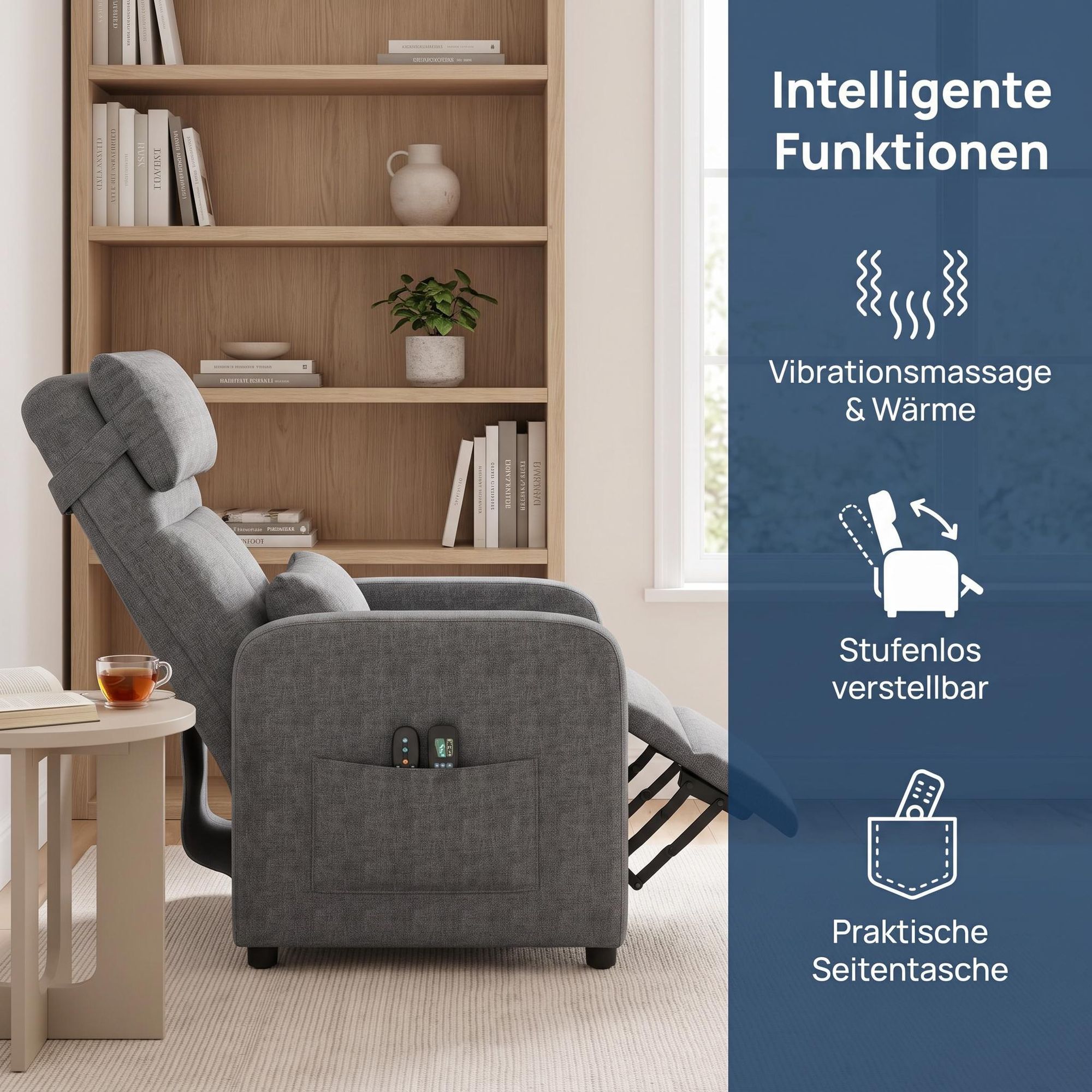 Elektrischer Relaxsessel mit Massage, Fernsehsessel Elektrisch Grau mit Liegefunktion, TV Sessel Elektrisch, Liegesessel 90°–150° verstellbar, Wohnzim