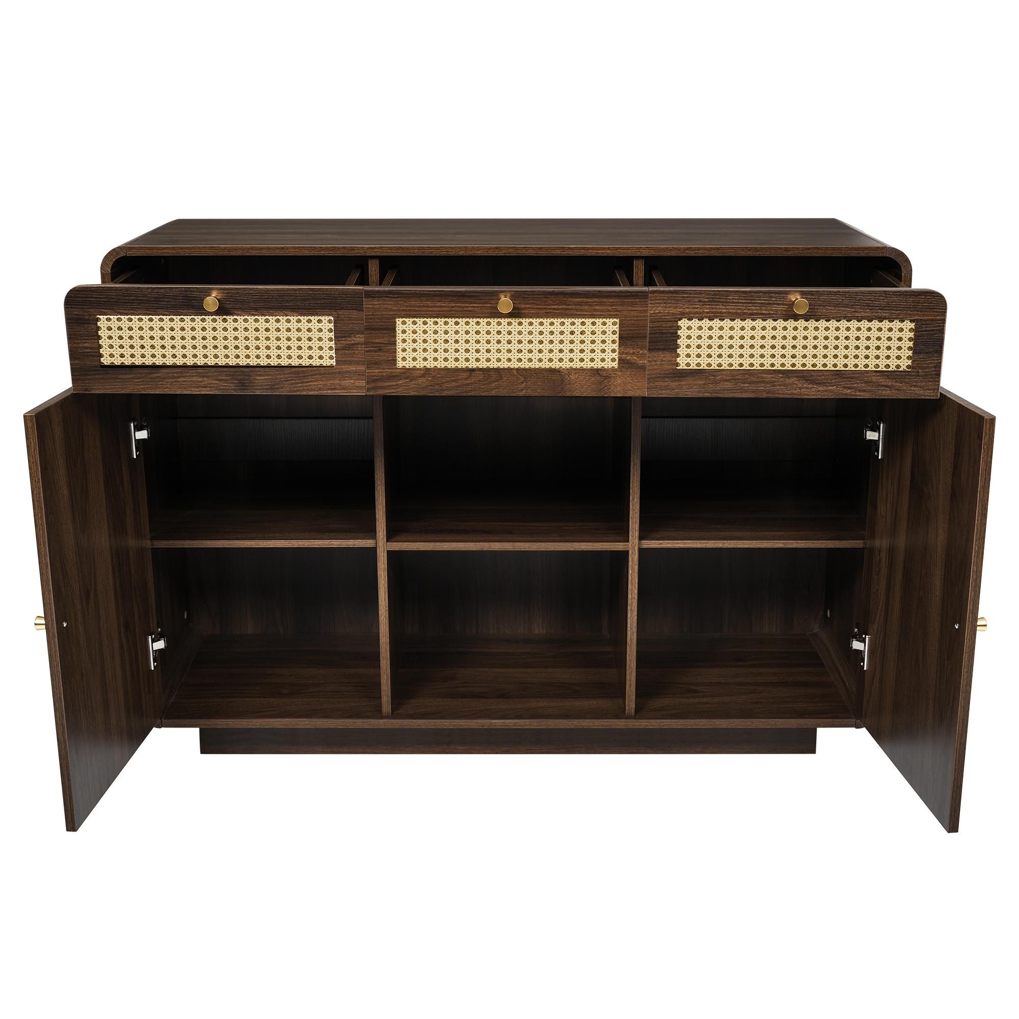 Flieks Kommode Wohnzimmerschrank Rattan mit 3 Schubladen, Sideboard Aufbewahrungsschrank mit höhenverstellbaren Einlegeböden, Walnut
