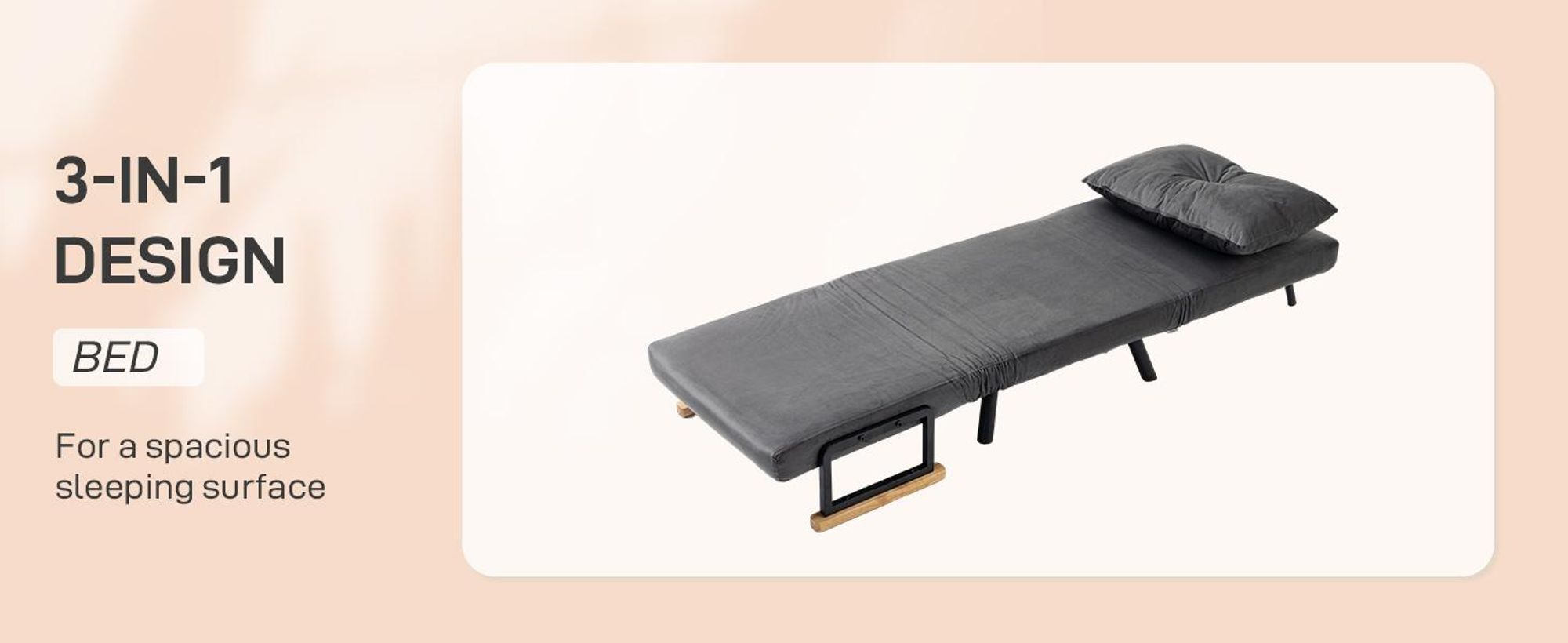 Sofa rozkładana HOMCOM 4 w 1, 2-osobowa z funkcją spania, 183 x 63 cm, rozkładana z 5-stopniową regulacją oparcia, podłokietnikiem, poduszką lędźwiową, welurowy wygląd do salonu, ciemnoszary