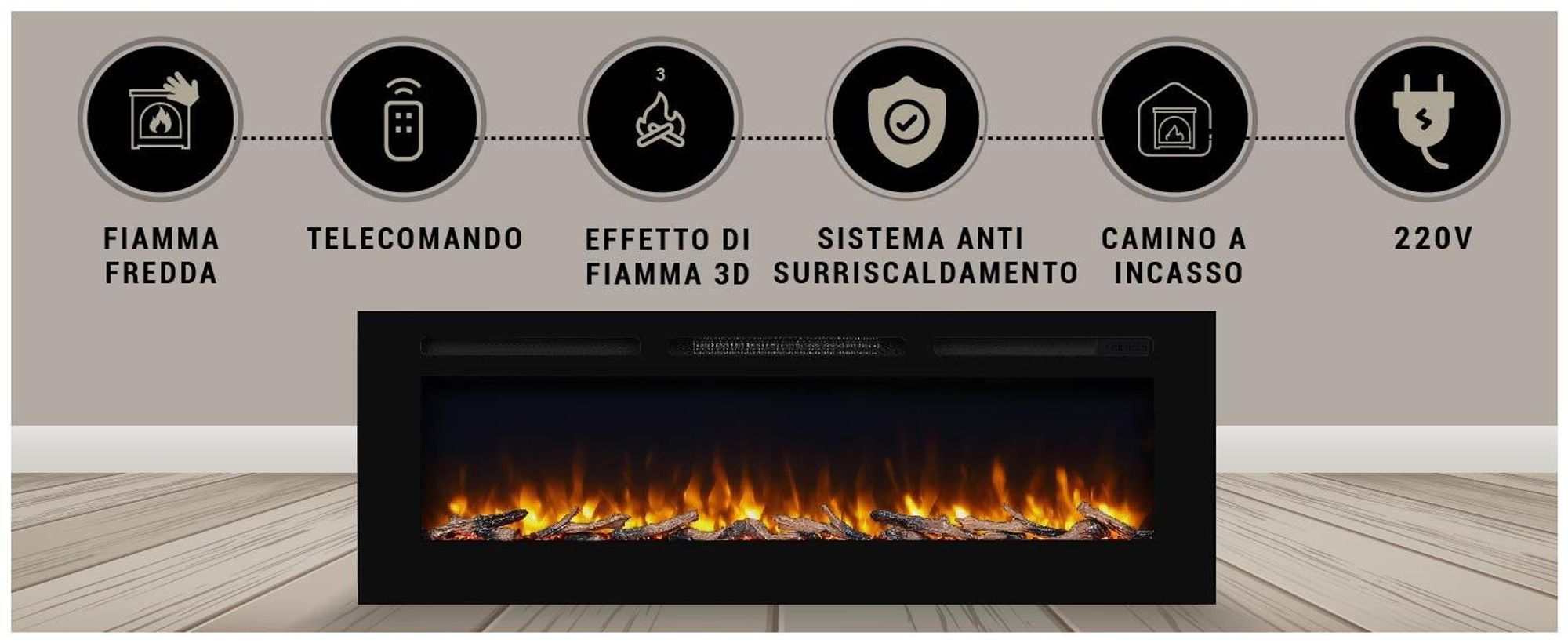 Camino elettrico BALDERIA Fiamma 60 - Camino da incasso - Nero