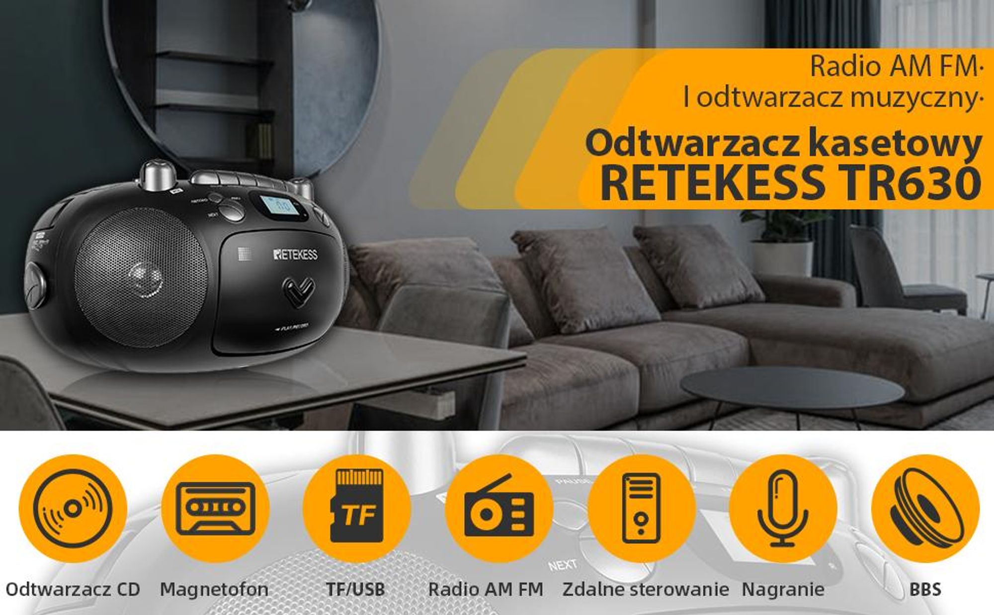 Retekess TR630 Radio z CD, Boombox z kasetą, Radio na baterie, Wyświetlacz LCD, Dźwięk stereo, USB SD TF, Odtwarzacz CD na kemping na zewnątrz