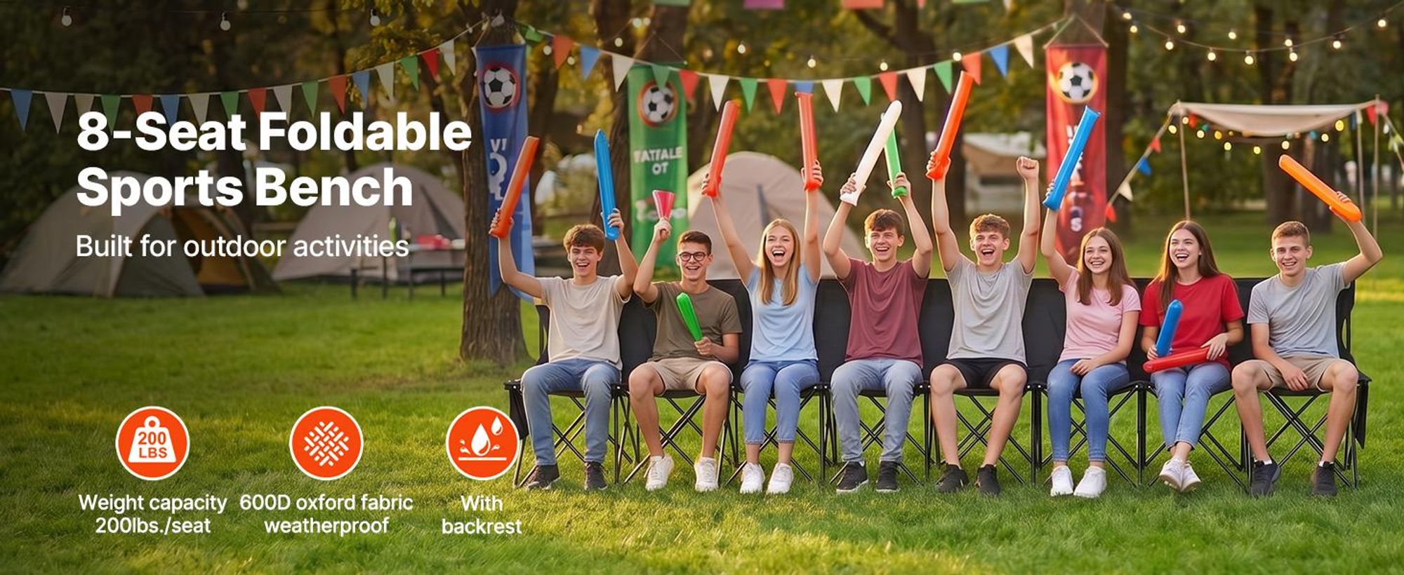VEVOR Tragbare Klappbank, 8-Sitzer faltbare Seitenbank, Outdoor-Campingbankstuhl mit Tragetasche und Rückenlehne, Mannschaftssport-Seitenbank für Fußballangeln, kein Zusammenbau nötig, sofortige Sitzgelegenheit, schwarz