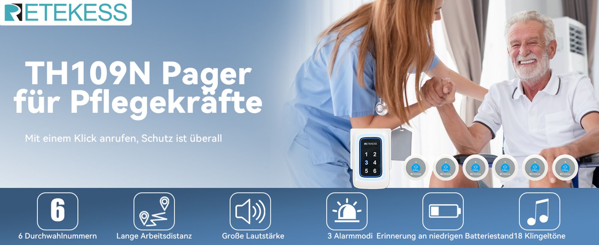 Retekess TH109N Caregiver, Rufanlage, Drahtlose Rufglocke für Ältere Menschen, 260m, 120dBA, Notfallalarmsystem, für Häusliche Pflege, Pflegeheime