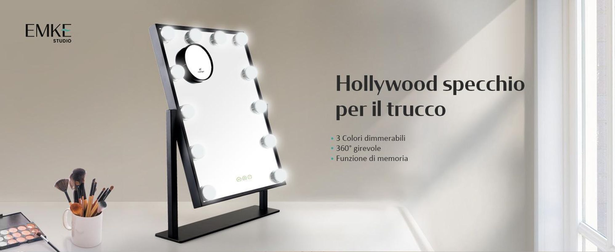 EMKE Hollywood specchio per il trucco 85x364x475mm con specchio d'ingrandimento 7x, nero Specchio per il trucco con touchscreen intelligente e 3 colori di luce, 12 luci LED dimmer, ruotabile a 360° e funzione memoria