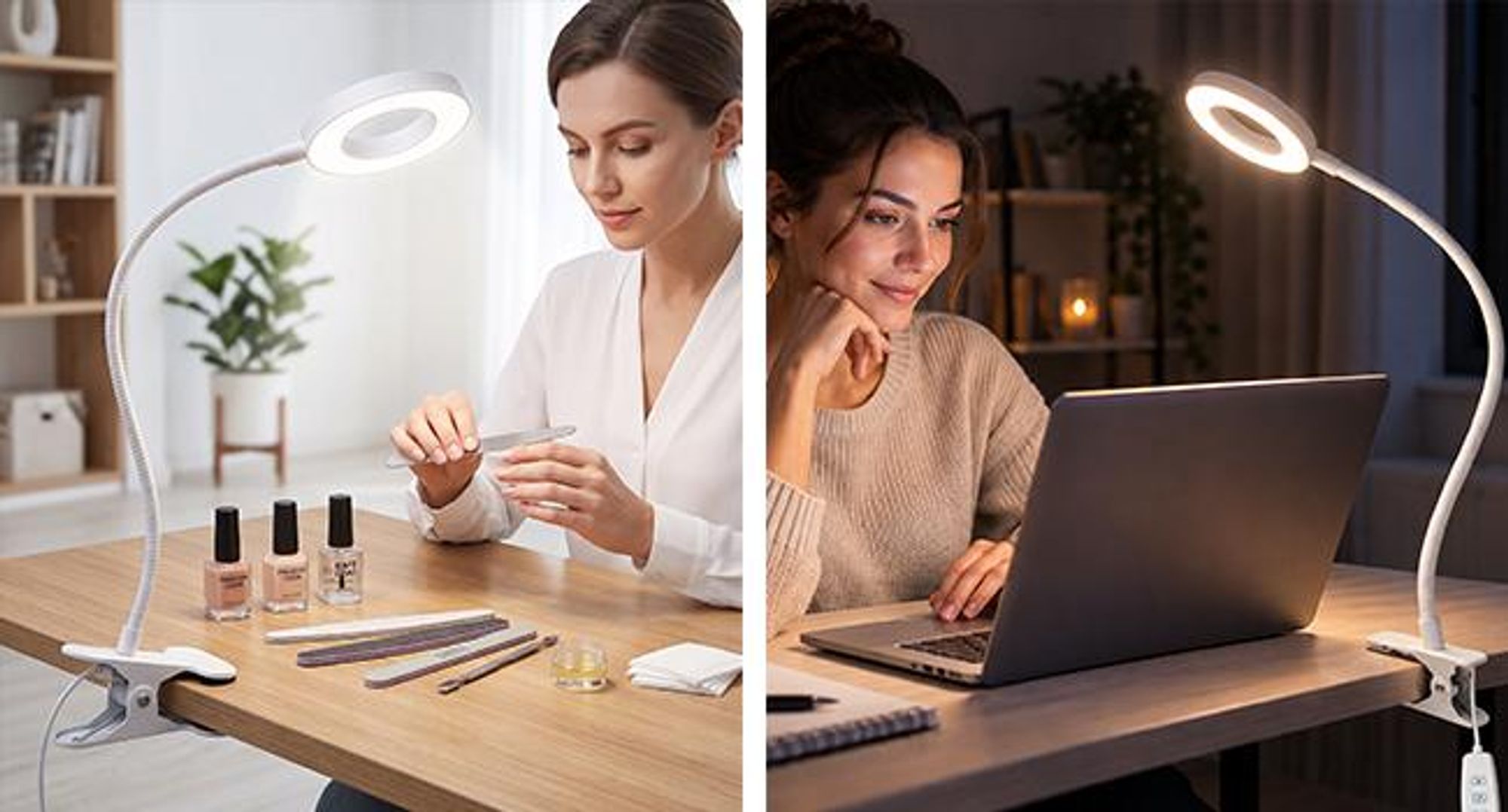 KRUMAD Leselampe, Leselampe mit Klemme, LED Klemmleuchte für Bett und Schreibtisch, 48 LEDs, 3 Lichtmodi, 10 Helligkeitsstufen, USB, Weiß