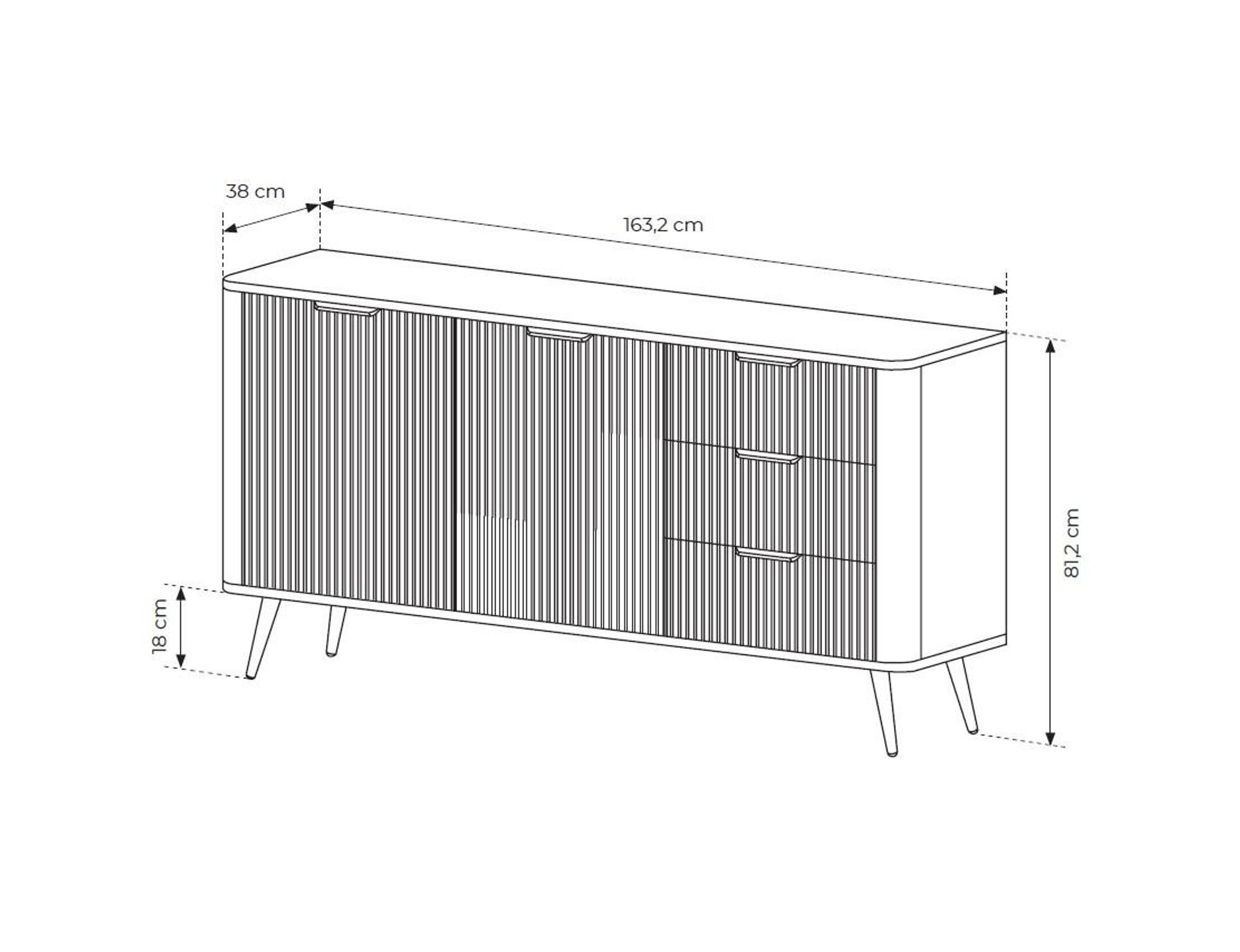 BETTSO Weiß LANTE Kommode 163 cm - 2 Türen, 3 Schubladen, geriffelte Fronten, goldene Griffe und Beine