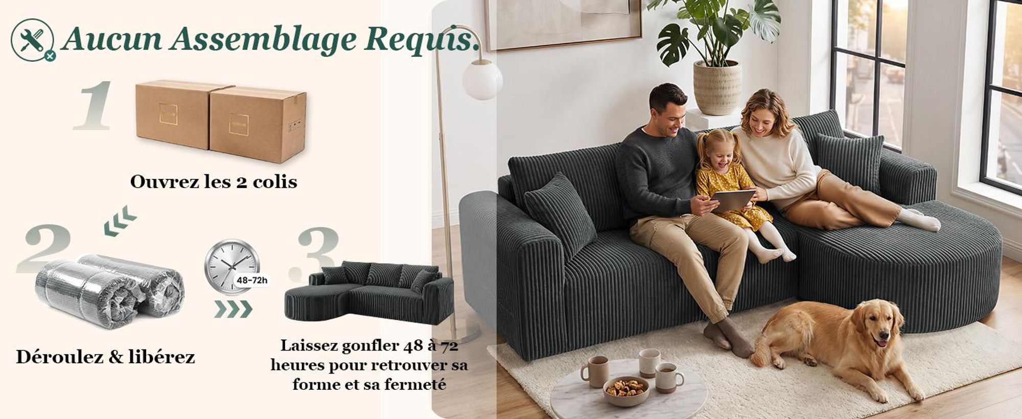 Canapé d'angle avec fonction convertible, canapé modulaire en velours sans structure visible, canapé avec chaise longue, canapé d'angle convertible, canapés modulaires avec coussins et poches latérales, 243 cm