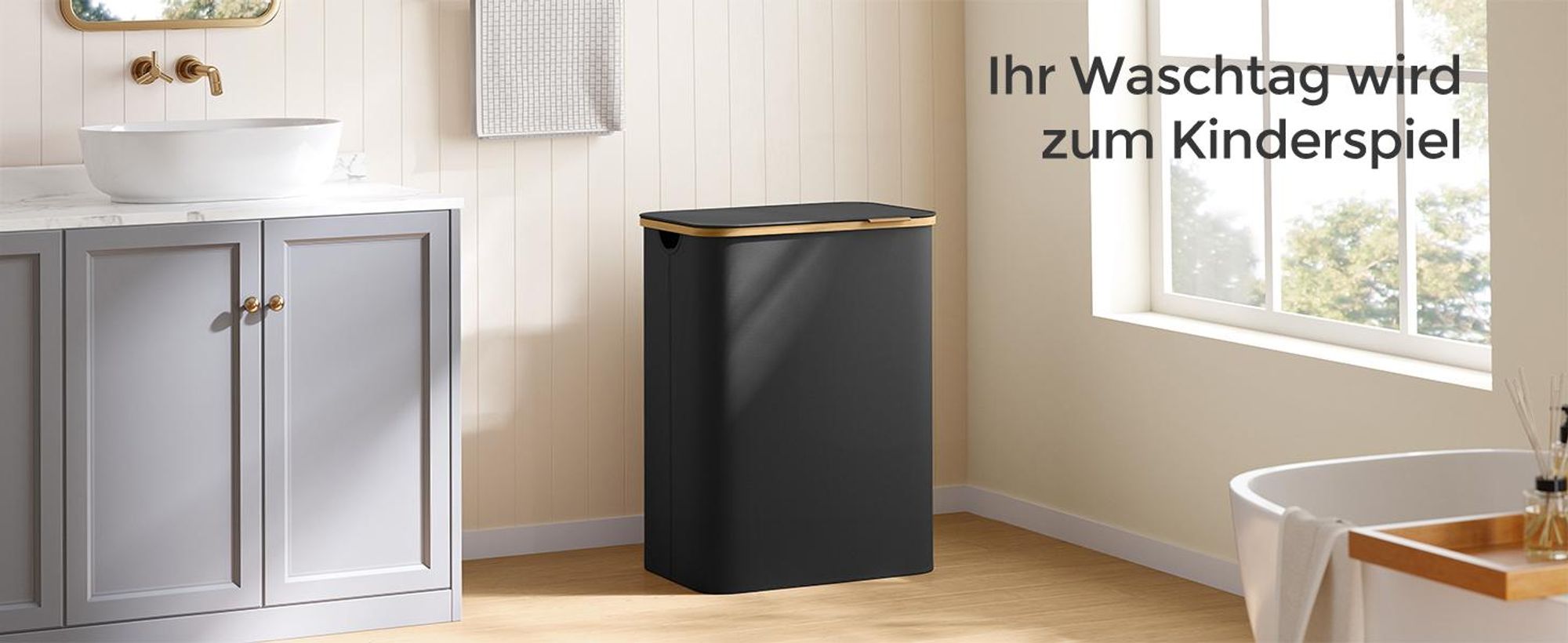 SONGMICS Wäschekorb mit Deckel, 2 Fächern, 130 L, herausnehmbarer Wäschesack, Griffe aus Bambus