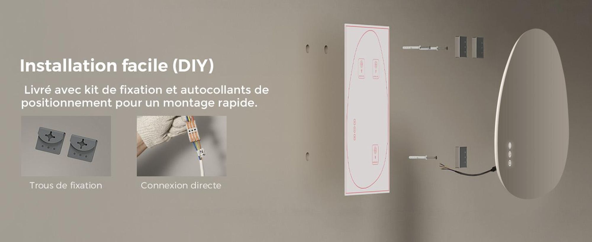 S'AFIELINA 85×50 cm Miroir asymétrique LED - miroir de salle de bain avec éclairage, variateur d'intensité, montage horizontal/vertical, antibuée,salle de bain & couloir