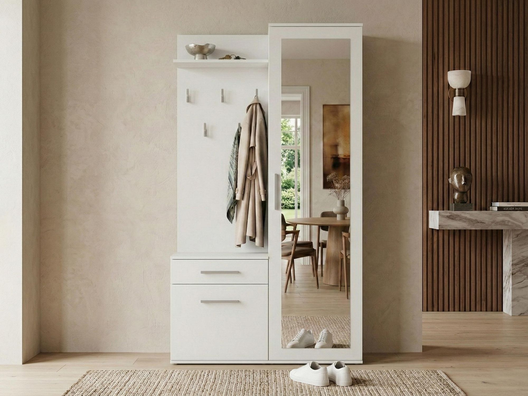 BEAUTYSOFA | Vestiaire compact FIORA - Ensemble vestiaire modulaire Vestiaire d'entrée avec miroir, meuble à chaussures, blanc