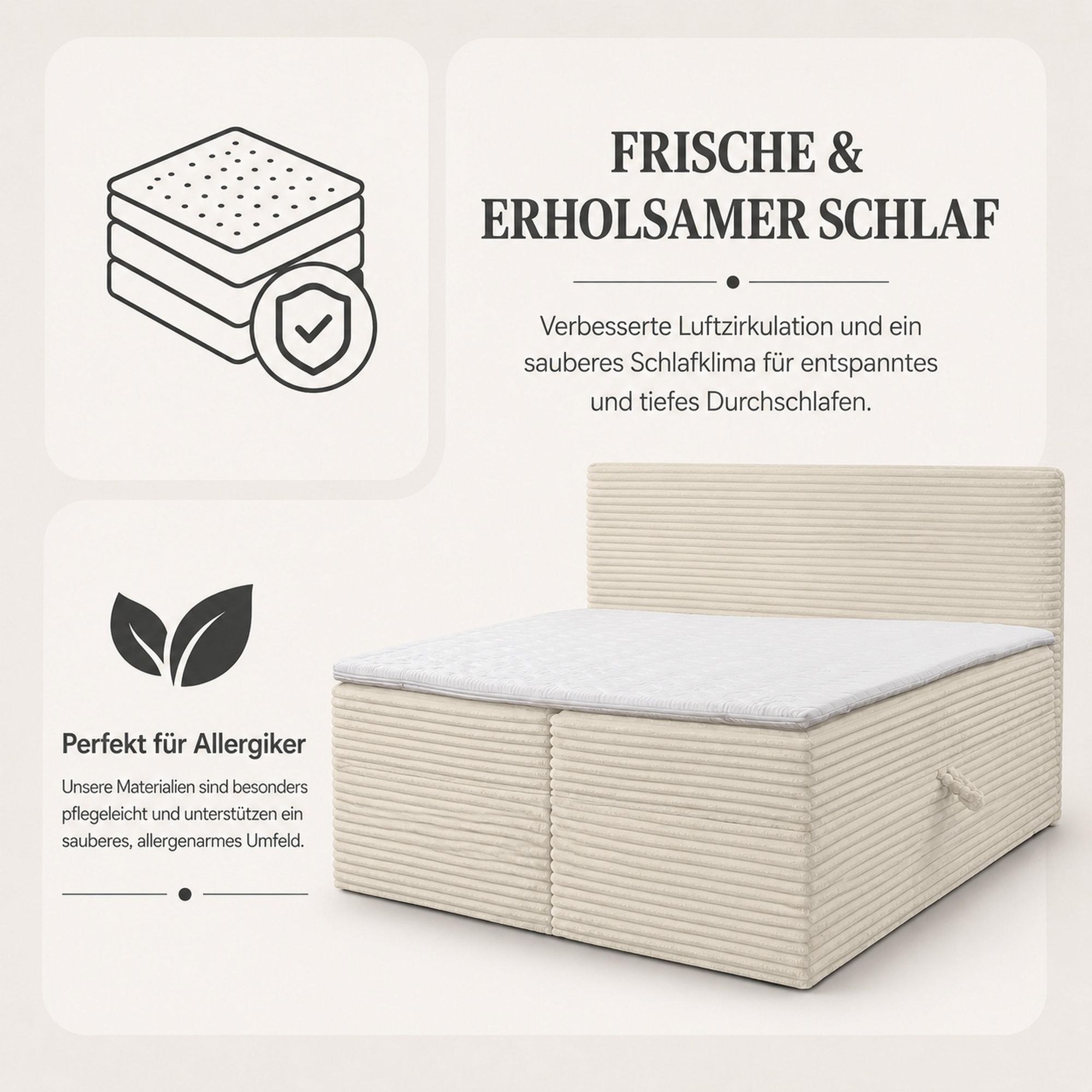 VENASI Boxspringbett 140x200 mit Bettkasten, Tilly Doppelbett Schwarz Cordstoff