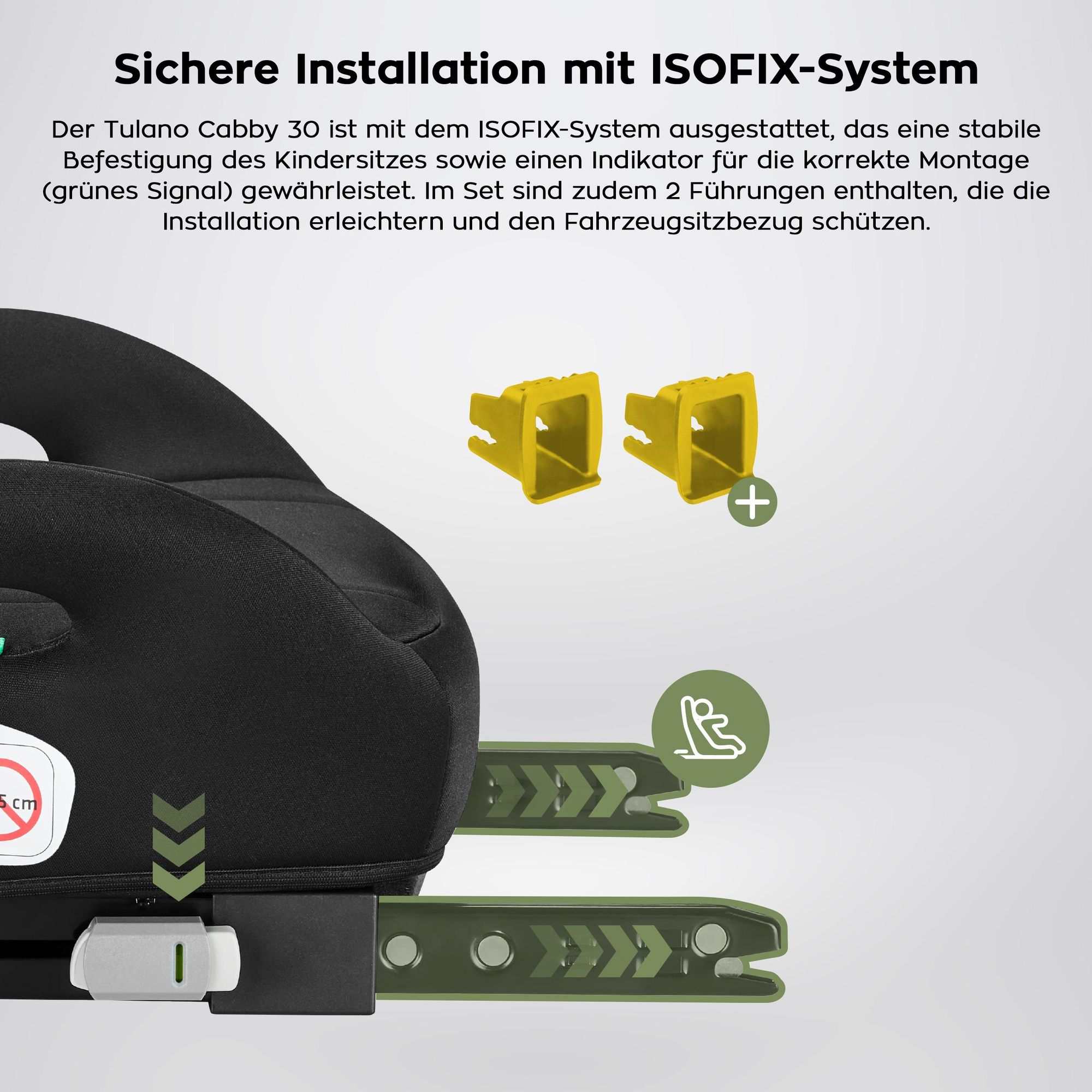 Tulano Cabby 30 Autokindersitz Schwarz – i-Size 125–150 cm, ISOFIX + Gurt, Getränkehalter, abnehmbarer Bezug