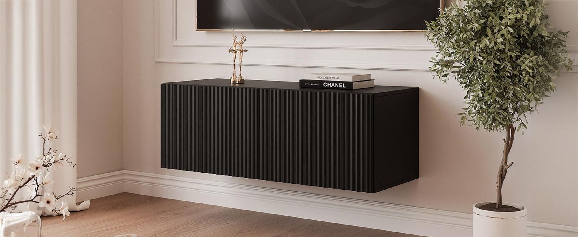 Idohome TV-Lowboard Angel 100 cm Schwarz Matt -TV-Schrank, Hängeschrank, LED, Push-to-Open, Fernsehschrank, geriffelte Front, Medienmöbel, Wohnzimmer