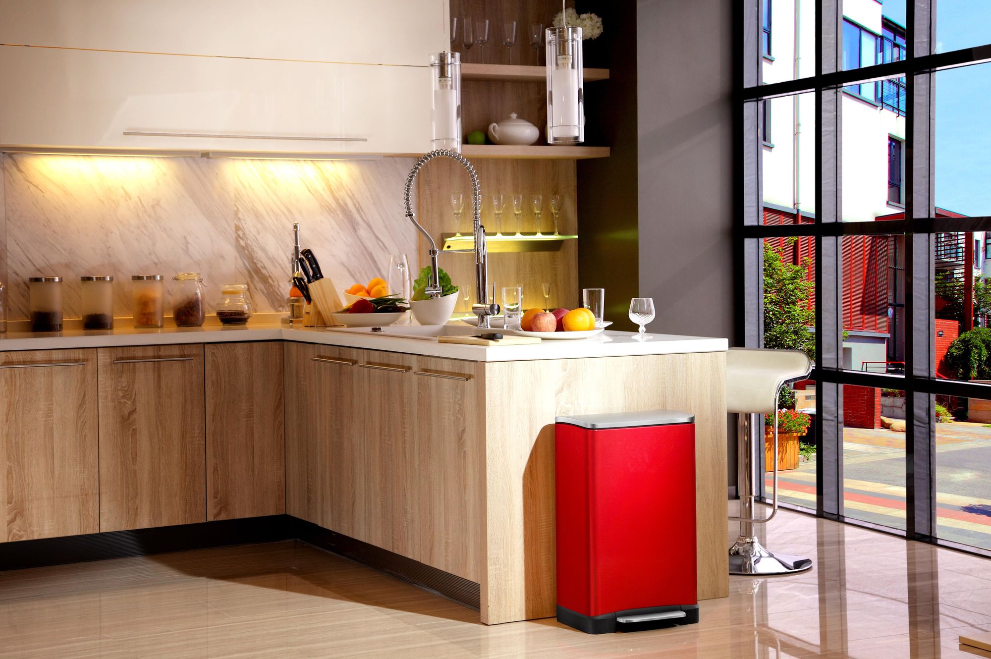 EKO - E-Cube recycling pedaalemmer 28+18 liter - Stainless steel Plastic - Rot, Matt Edelstahl