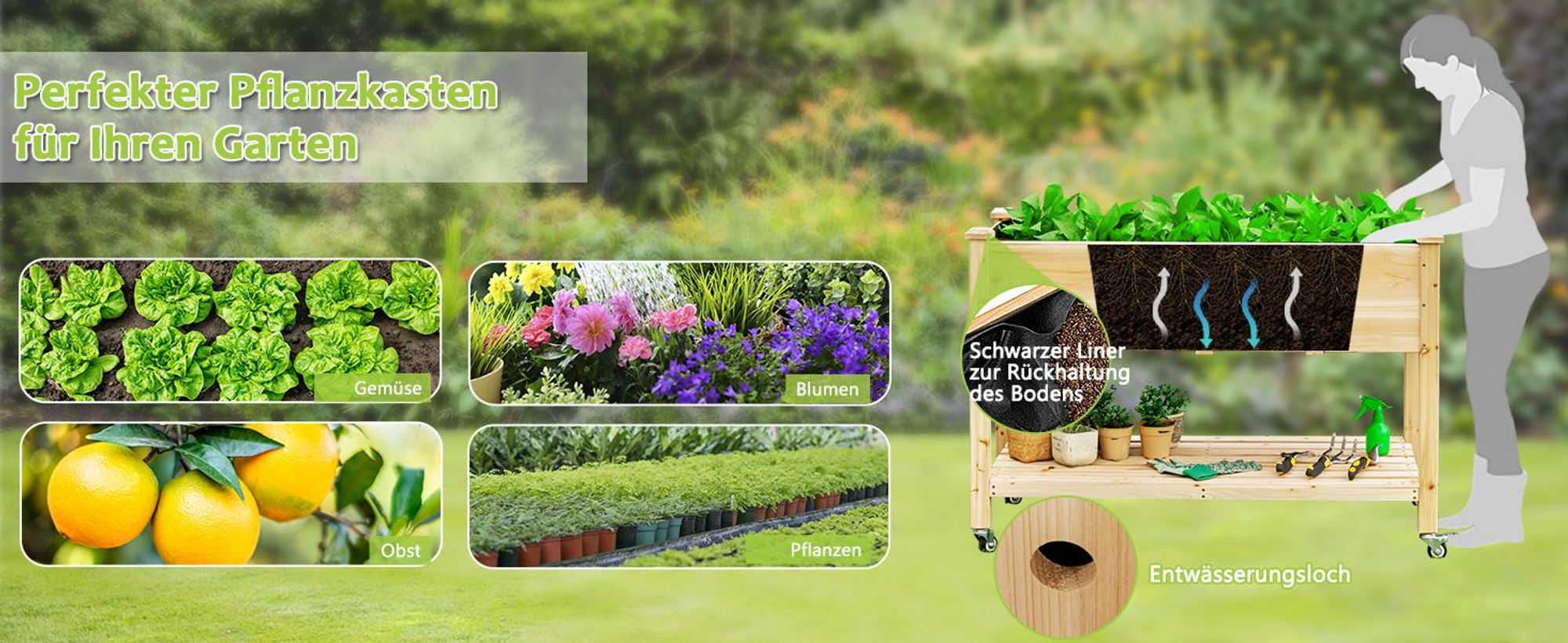 GOPLUS Hochbeet mit Rollen aus Holz, Gartenbeet mit Ablage & Abflusslöchern, Pflanzbeet Tragkraft 150 kg für Garten & Natur, 120 x 59 x 84 cm