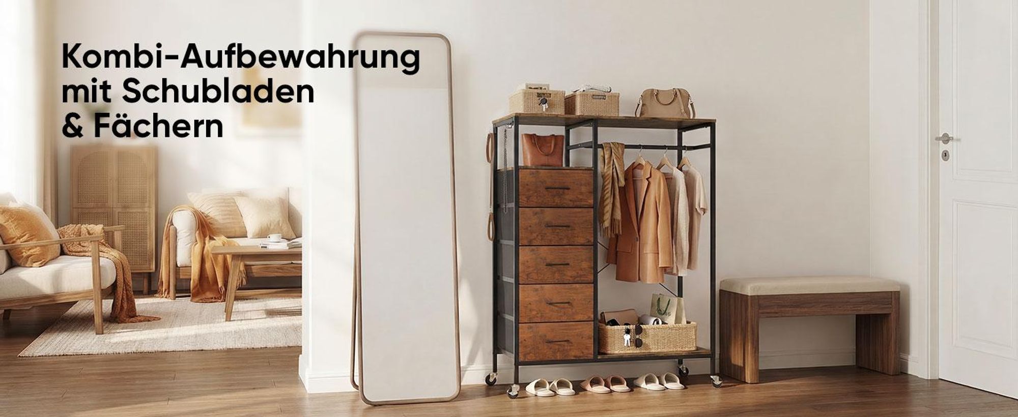 HOKEEPER Kleiderständer, offener Kleiderschrank, Kleiderständer auf Rollen, Kleiderstange, fahrbarer Kleiderständer mit Schubladen, Haken, Braun