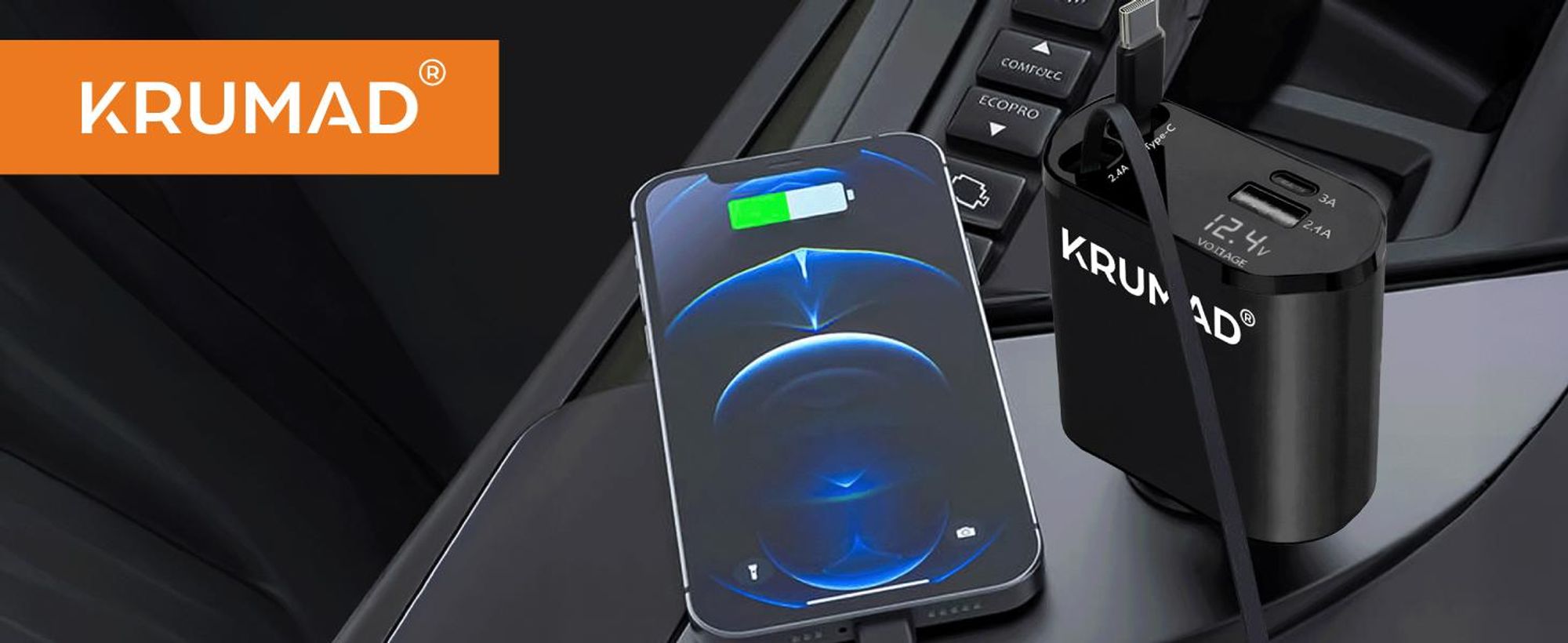 KRUMAD USB-C Autoladegerät 120 W – Zigarettenanzünder 12–24 V mit 2 integrierten Kabeln (USB-C & Lightning), USB-A/USB-C Ports & LED-Anzeige