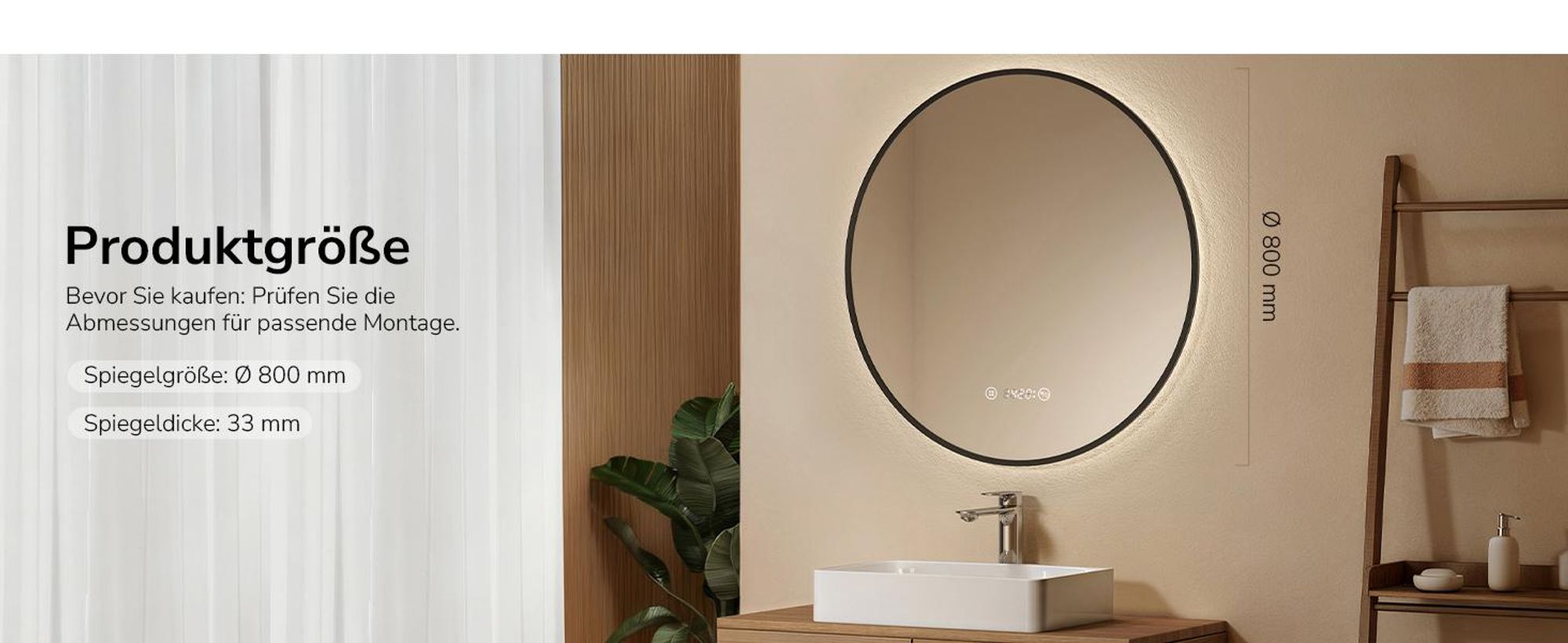 EMKE Badspiegel Rund LED Spiegel mit Beleuchtun ф80cm Schwarzer Rund Badezimmerspiegel mit Beschlagfrei, Uhr, Temperatur, Dimmbar, Memory-Funktion - Neutrale Lichts 4300K