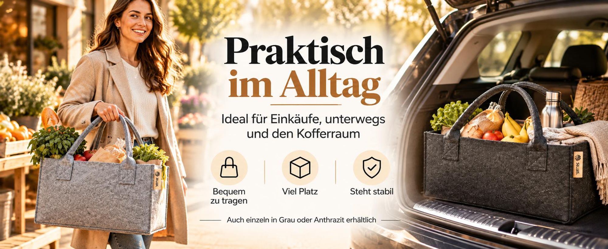 Filztasche Hellgrau Einkaufstasche Kaminholztasche Kaminholzkorb Filz Zeitungsständer Zeitungskorb (1 Stk. Grau)