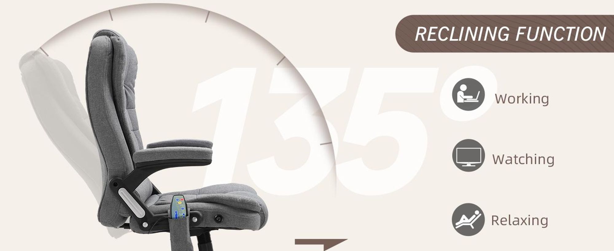 Fotel biurowy Vinsetto z funkcją masażu. Ergonomiczny fotel gabinetowy z funkcją podgrzewania, odchylania i bujania. Regulowana wysokość, obrotowy o 360°. Fotel komputerowy z kieszenią boczną, imitacja lnu, szary.