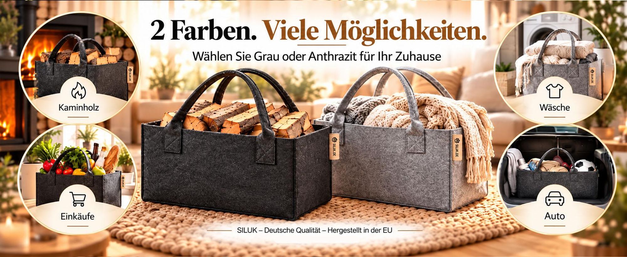 Filztasche Hellgrau Einkaufstasche Kaminholztasche Kaminholzkorb Filz Zeitungsständer Zeitungskorb (1 Stk. Grau)