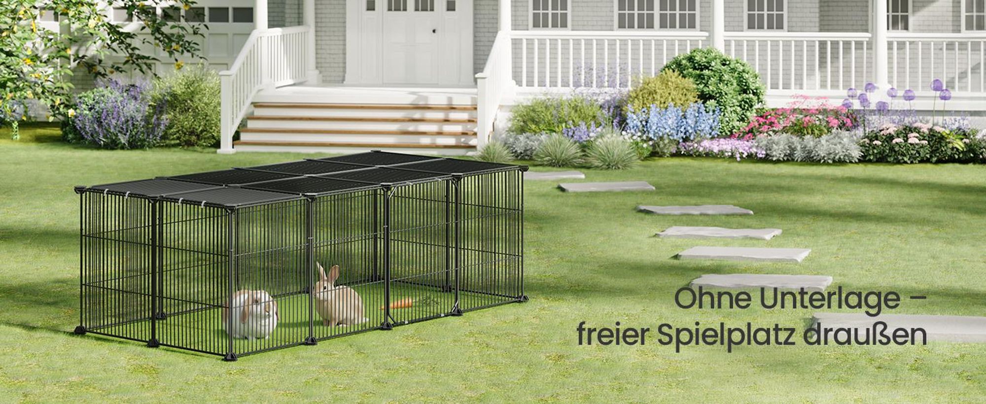 SONGMICS Kleintierlaufstall mit Doppeltür, Freigehege für Kaninchen, Meerschweinchen, Unterlage, 20 Platten, schwarz