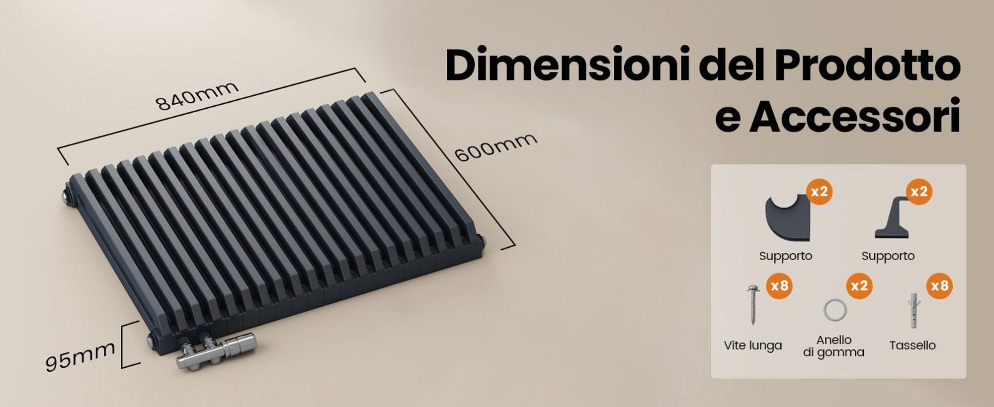Radiatore di design EMKE a forma di D 600x840mm 1383W Vincitore del Red Dot Award antracite - installazione orizzontale, per 18,4 m², bagno e soggiorno senza elemento riscaldante