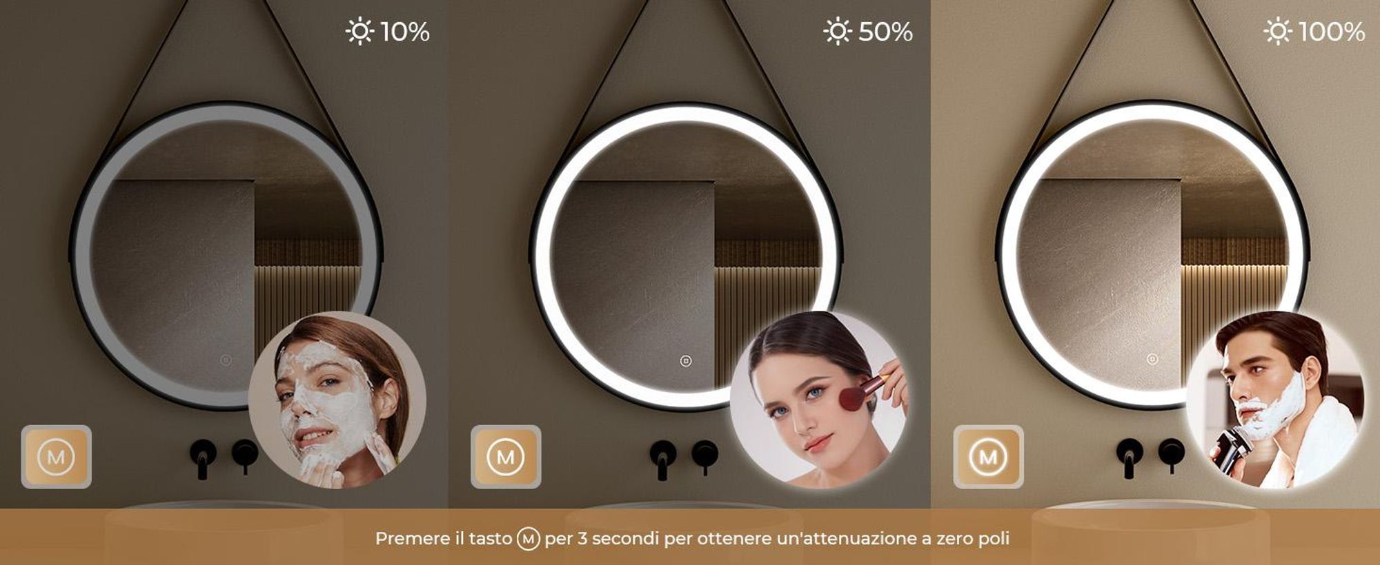 S'AFIELINA Specchio da bagno da 60 cm con illuminazione Specchio da bagno rotondo a LED con luce bianca fredda e tattile Cornice nera Cintura in pelle regolabile