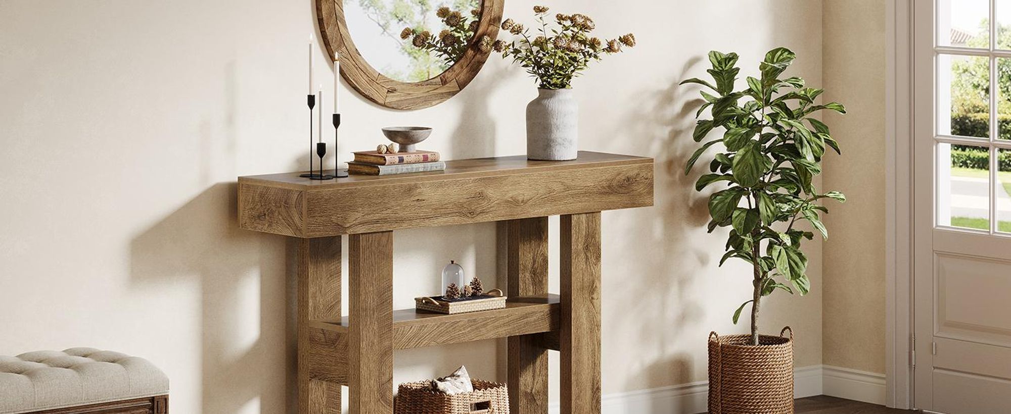 Tribesigns Konsolentisch im Landhausstil, 105 cm breit, schmal, zweistufig, mit Ablageflächen für Flur, Eingangsbereich und Wohnzimmer, hellbraun