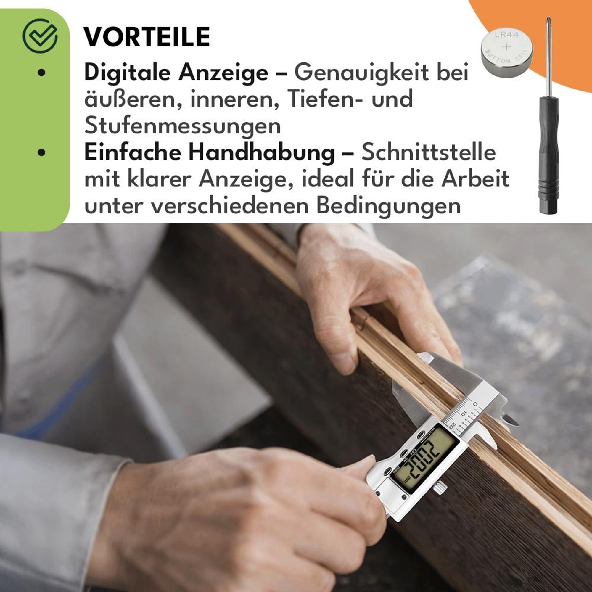 KRUMAD Digitaler Messschieber 150 mm Edelstahl, Elektronische Schieblehre, LCD Anzeige, Innen-, Außen- & Tiefenmessung, Präzisions Messgerät
