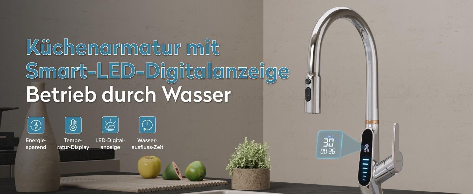 doporro Wasserhahn Küche Hochdruck mit Digitalanzeige, Ausziehbare Vollmessing-Körper Spültischarmatur, Einhebel-Mischbatterie Küche Schwarz MS-8085