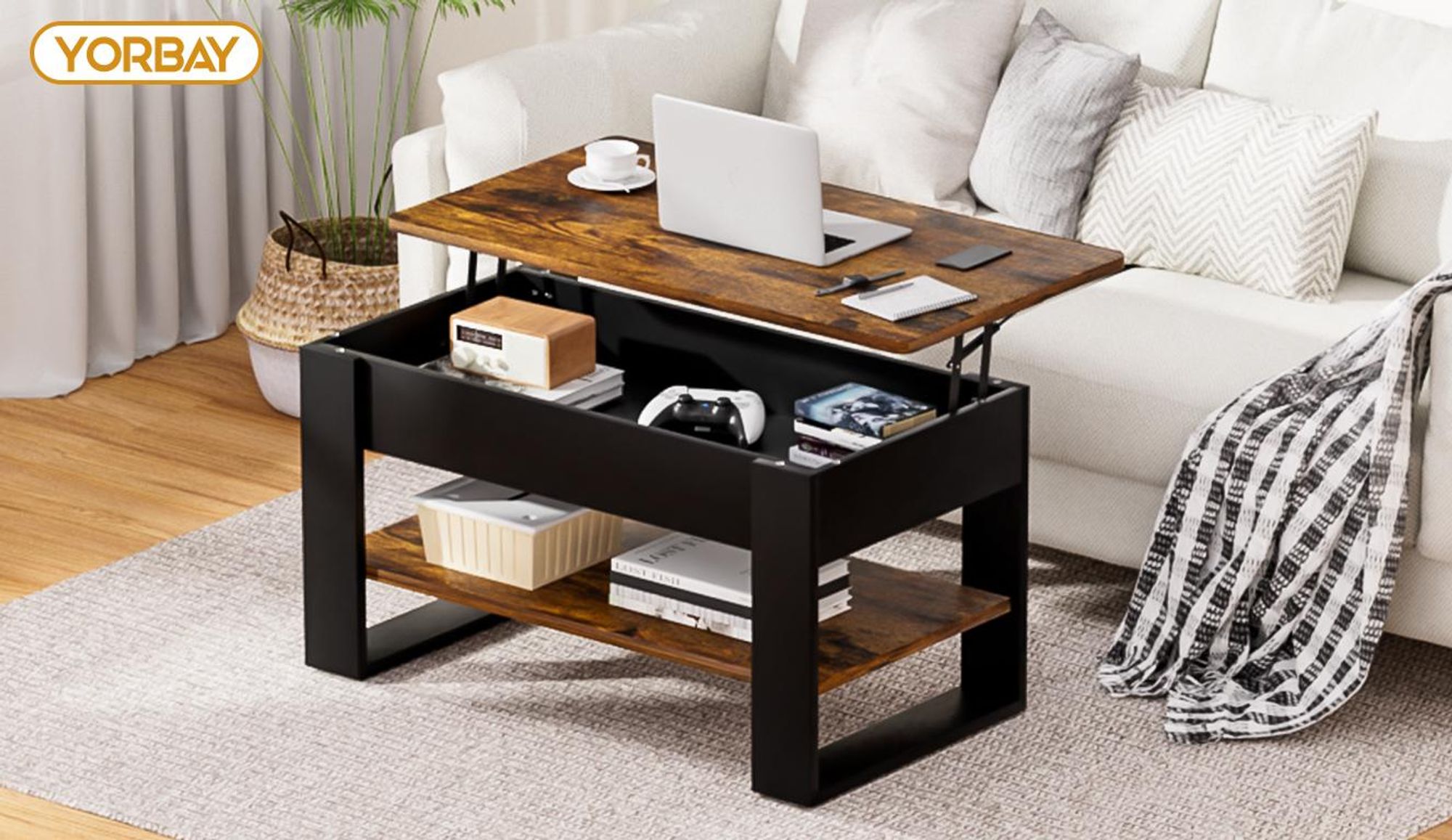 Yorbay Couchtisch Höhenverstellbarer Wohnzimmertisch mit Stauraum,Sofatisch Beistelltisch Schwarz/Retro, Kaffeetisch für Wohnzimmer