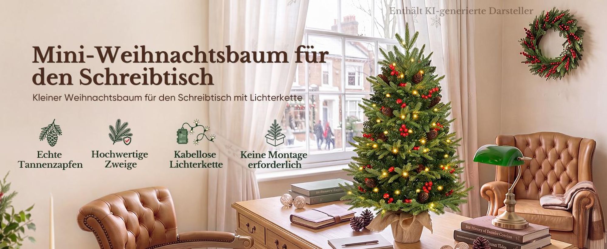 HOKEEPER Künstlicher Weihnachtsbaum 90 cm mit LED, Zapfen & Beeren