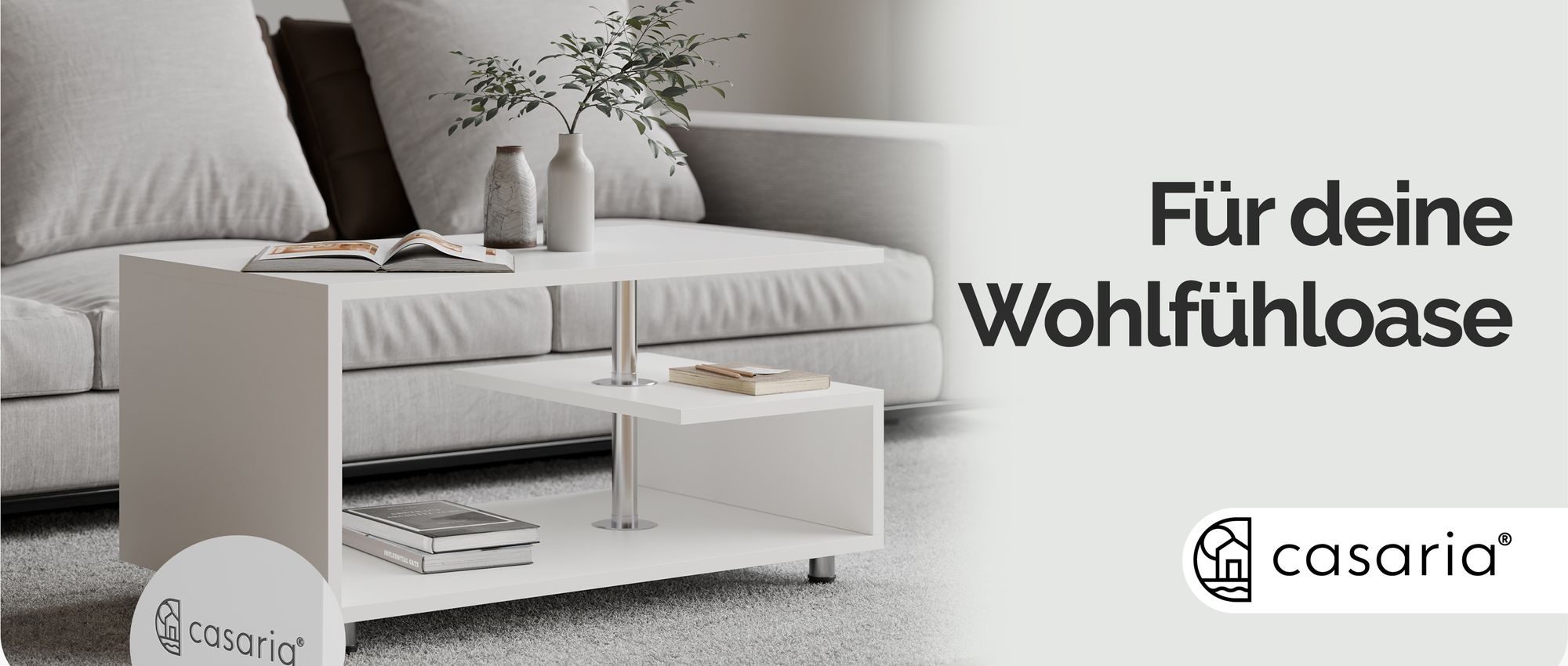 CASARIA® Couchtisch Weiß Holz mit Stauraum 95x55cm Edelstahl Füße Höhenverstellbar Ablage Modern Rechteckig Beistelltisch Wohnzimmer Couch Sofa Tisch