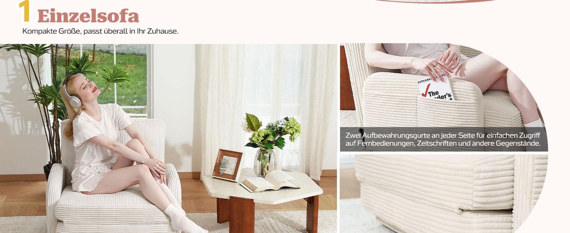 Bodenhohes Sofa,- mit Schlaffunktion, erhältlich in verschiedenen Farben, moderner Cordstoff, Elfenbeinweiß