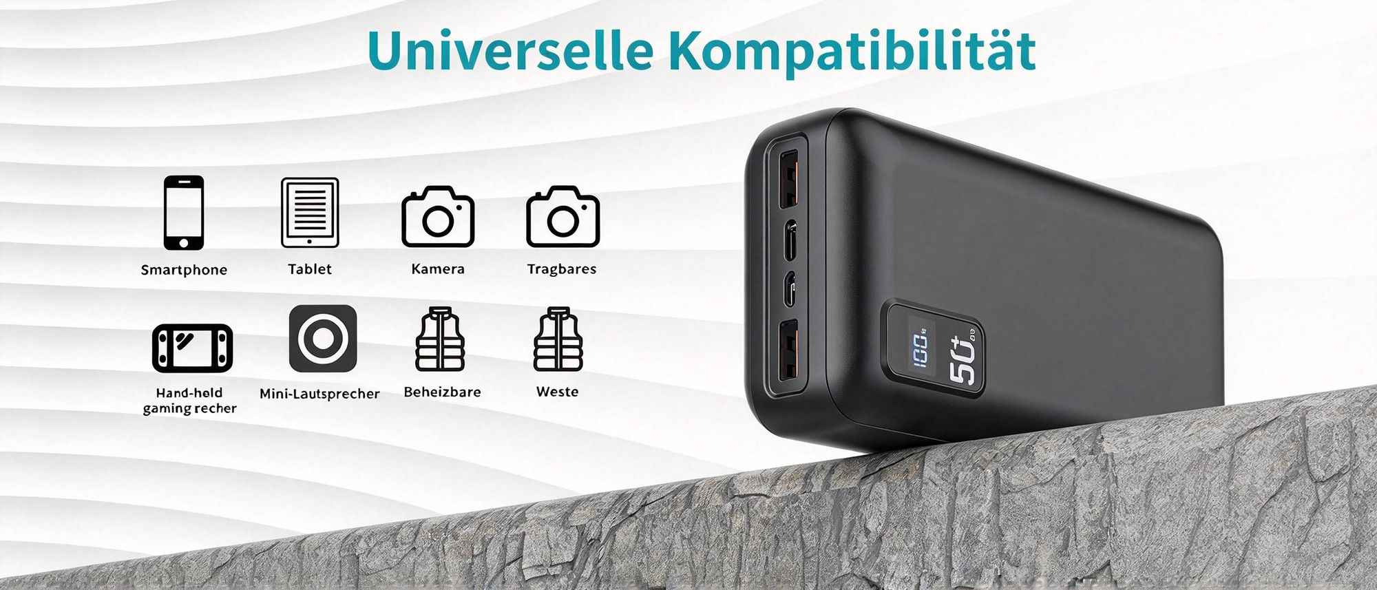 Powerbank, 50000mAh Externer Akku, 22,5W Schnellladegerät, Tragbares Ladegerät, mit LED Display, 3 Ausgängen 2 Eingängen, für iPhone/Samsung