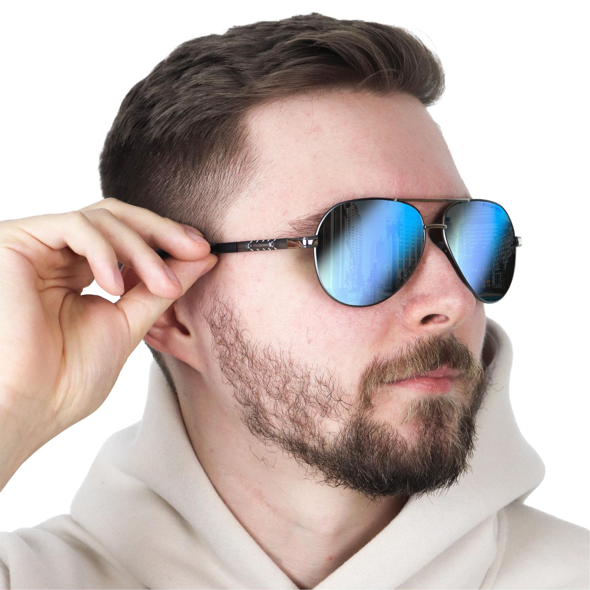Aviator Sonnenbrille Herren Polarisiert UV400, Blaue Gläser Pilotenbrille verspiegelt, Metallrahmen inkl. Etui & Zubehör-Set, EVI DESIGN Blue