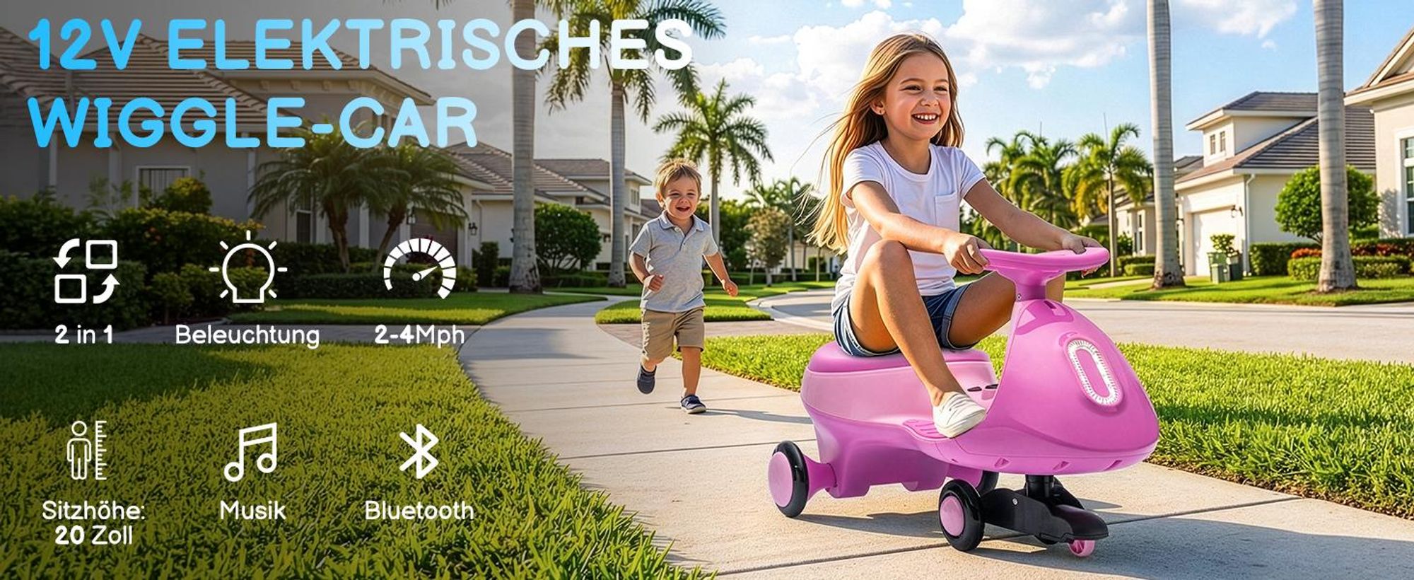 Kinder-Elektroauto 12V, Elektrisches Rutschauto mit Pedal, 2 Geschwindigkeiten und Kippschutz, Bluetooth, für Kinder ab 3 Jahren,Fuchsia & Rosa