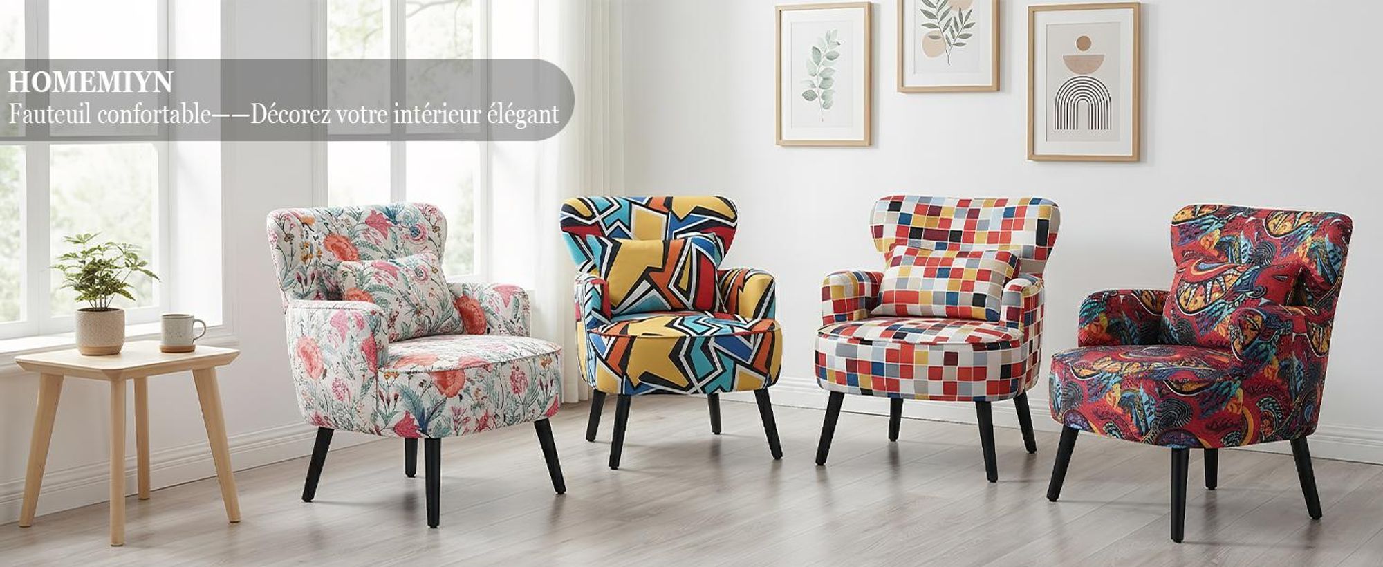 Fauteuil Salon Vintage Coloré, Oreilles Pieds Bois Fauteuil Vintage à Oreilles, Fauteuil Ergonomique avec Motif Géométrique, Charge 120 kg, pour Chamb