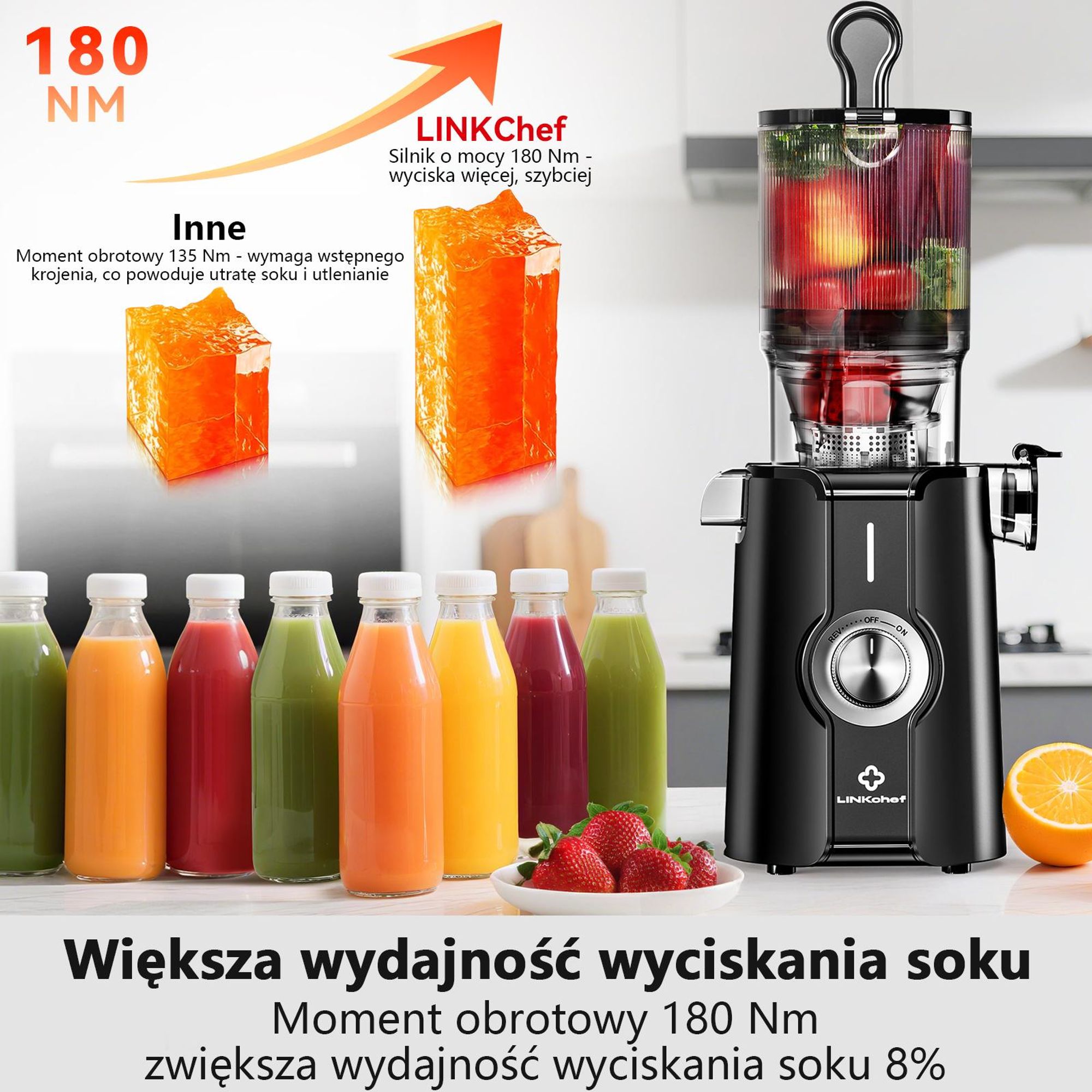 LINKChef SJ-051-EU-BL Wolnoobrotowa Sokowirówka -   200W Moc 1.2L Duża pojemność Dwie tacki do podawania sokuŁatwe czyszczenie - Czarny