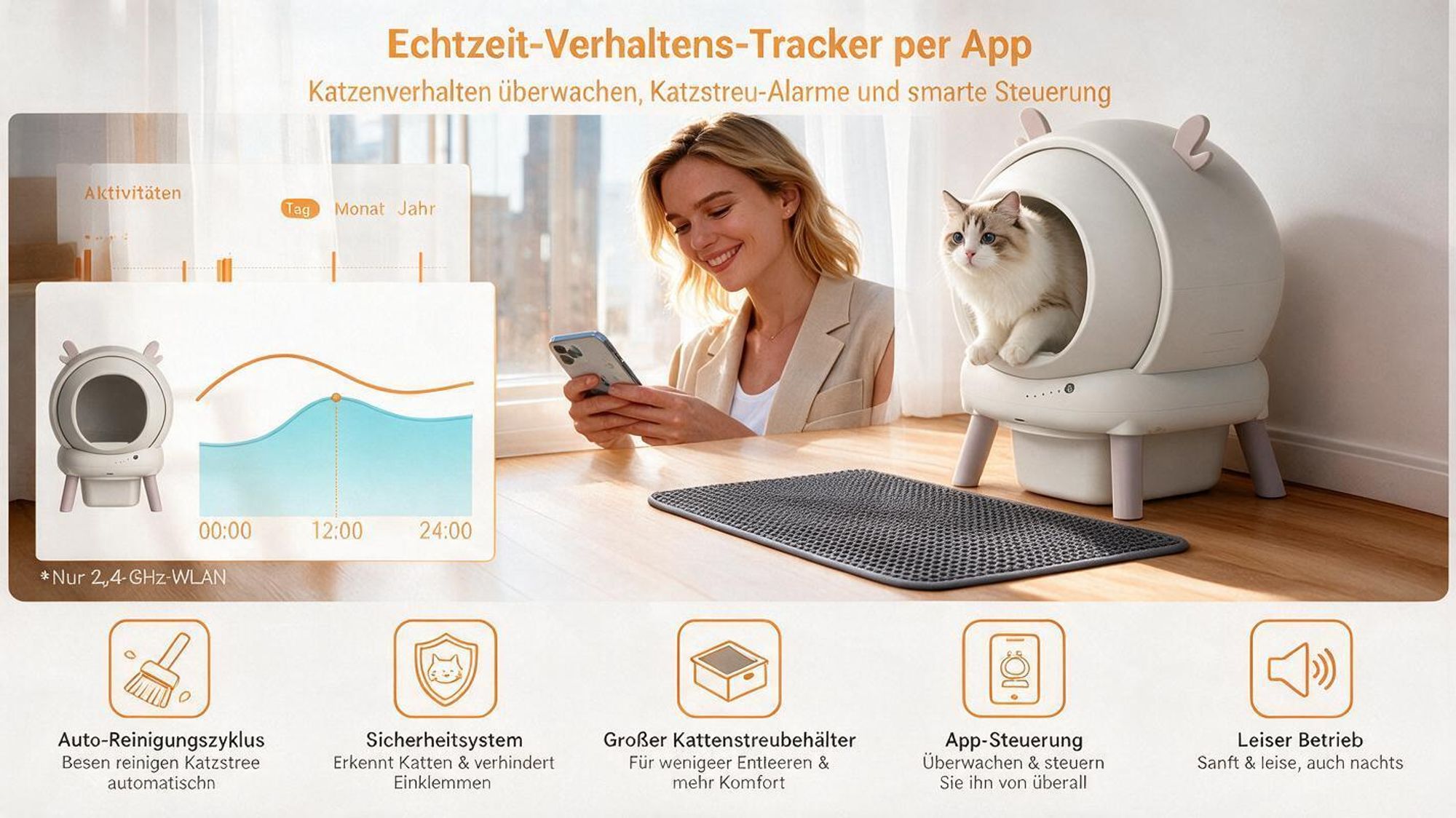 Selbstreinigendes Katzentoilette XXL Katzenklo mit App-Steuerung, für Große Katzen, Mehrkatzenhaus, 9-fach Anti-Klemm-Sensoren, Geruchsarm, Leise