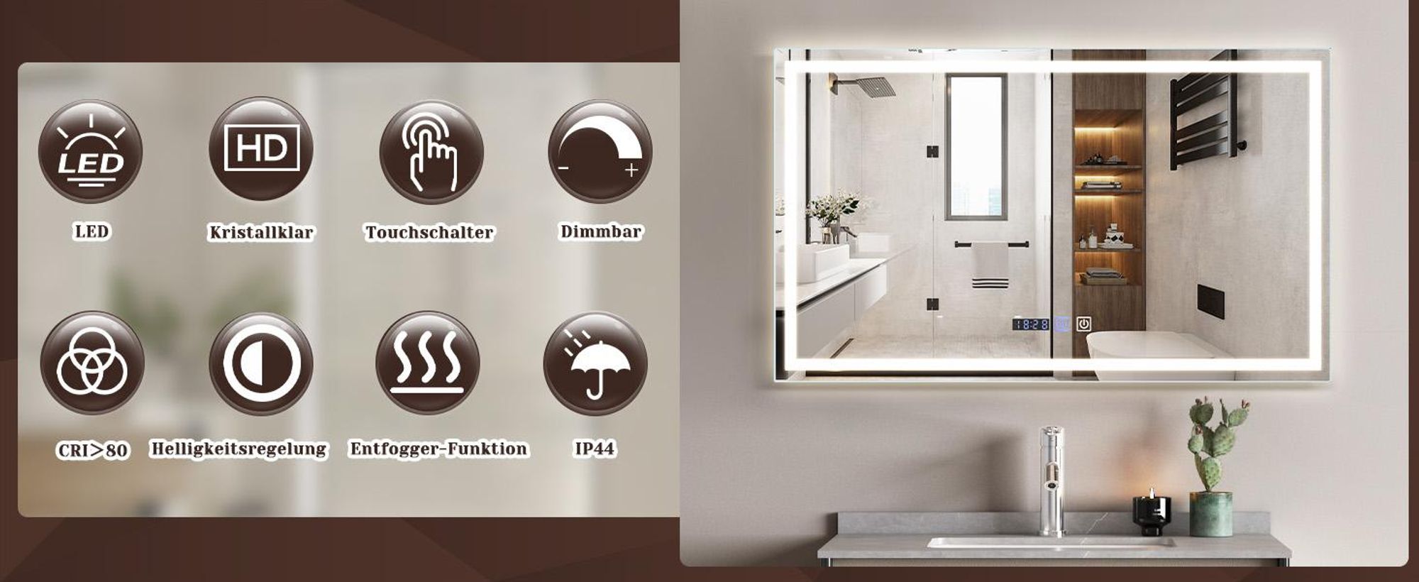 ZMH Badspiegel mit Beleuchtung 100x60cm Wandspiegel  IP44 mit Touch Uhr Entfogger Funktion Lichtspiegel Dimmbar 3000K-6500K