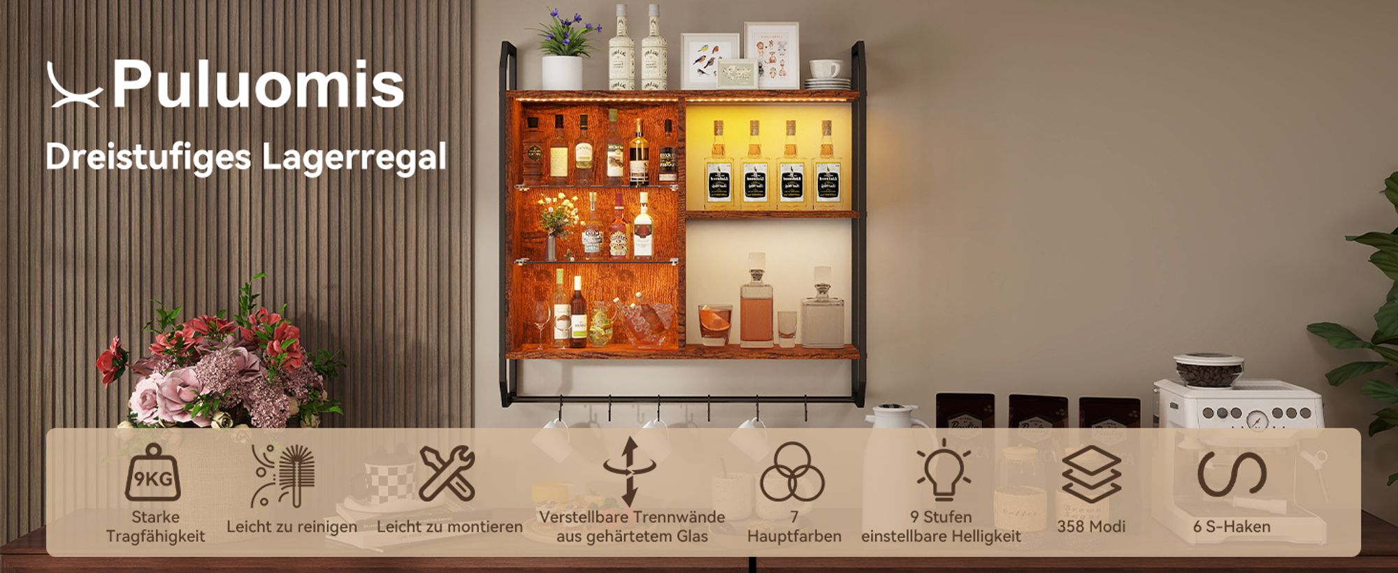 Puluomis Verstellbare Wandregal mit 6 Ablagen, 83x20x80cm, Holz Metall Hängeregal, RGB-LED-Lichter, Glas-Schweberegal, mit Hängestange Braun Schwarz