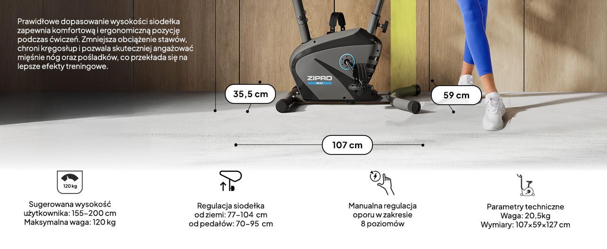 Rower treningowy Zipro Beat – magnetyczny rower fitness Masa obrotowa Cichy rower treningowy do użytku domowego Pomiar tętna, uchwyt na butelkę i wyświetlacz LCD 120 kg