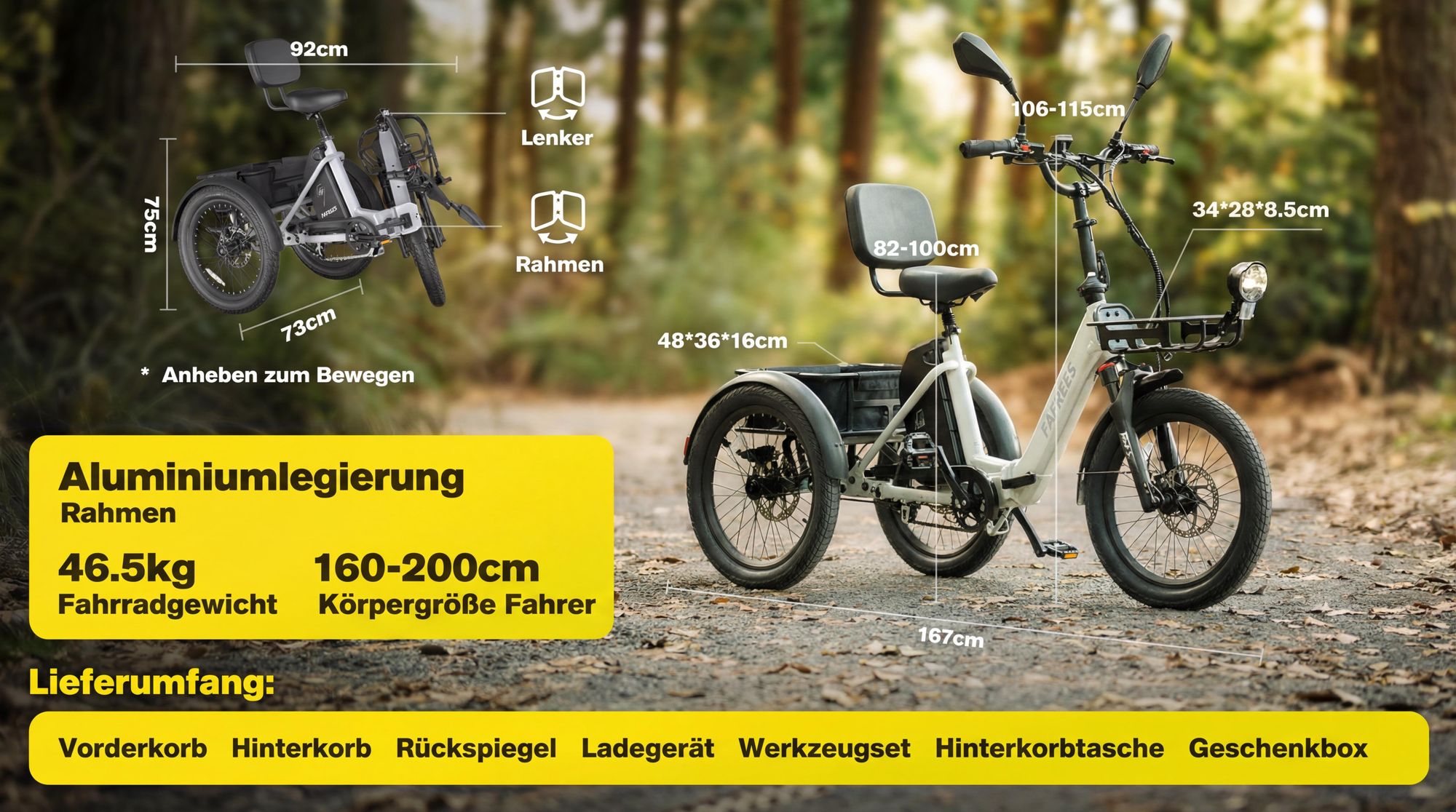 E Dreirad 48 V 25 Ah Akku, 100 km Reichweite, 180 kg Zuladung, hydraulische Scheibenbremsen, Blinker, 40 kg Heckkorb, Schwarz